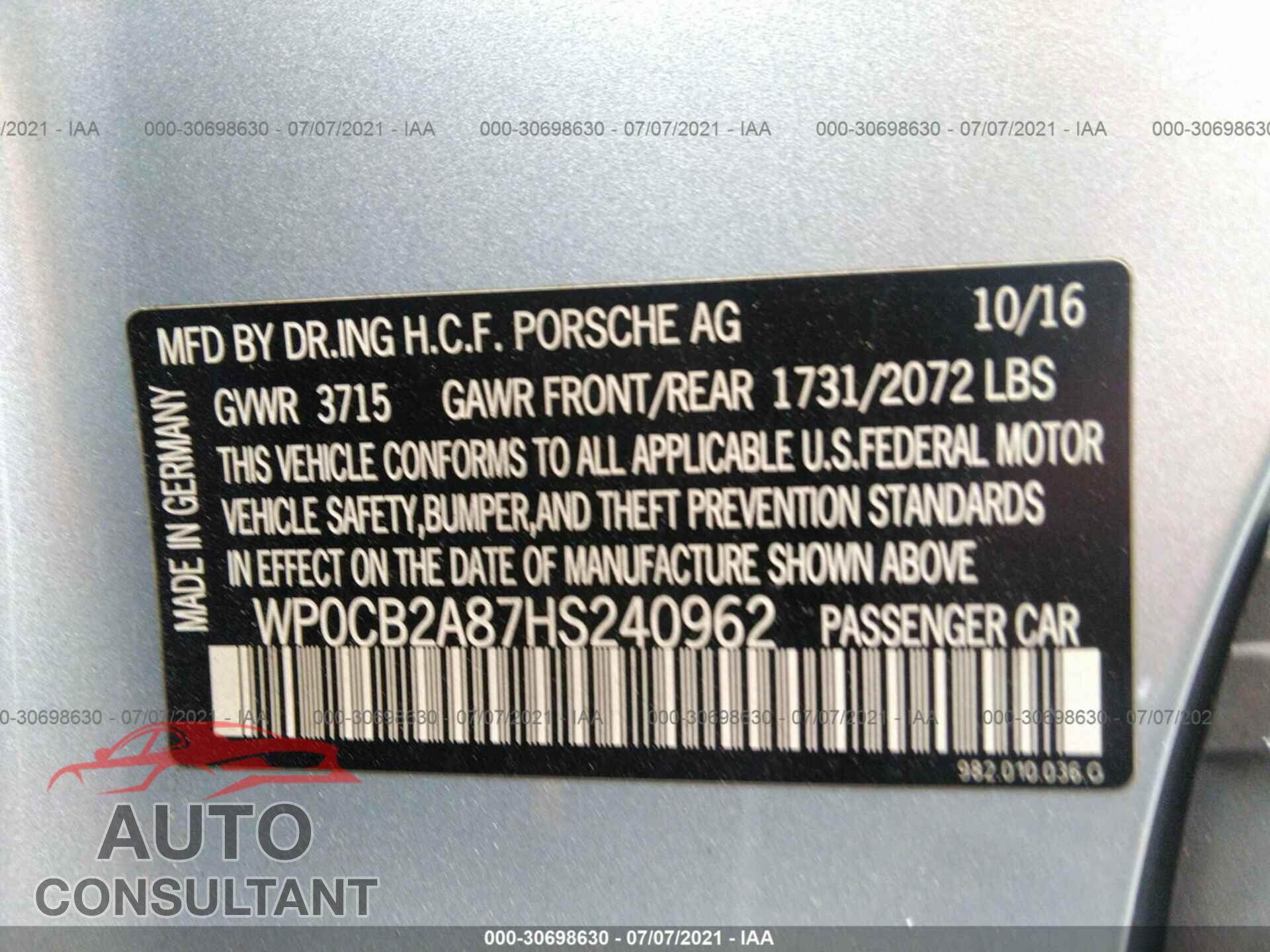 PORSCHE 718 BOXSTER 2017 - WP0CB2A87HS240962