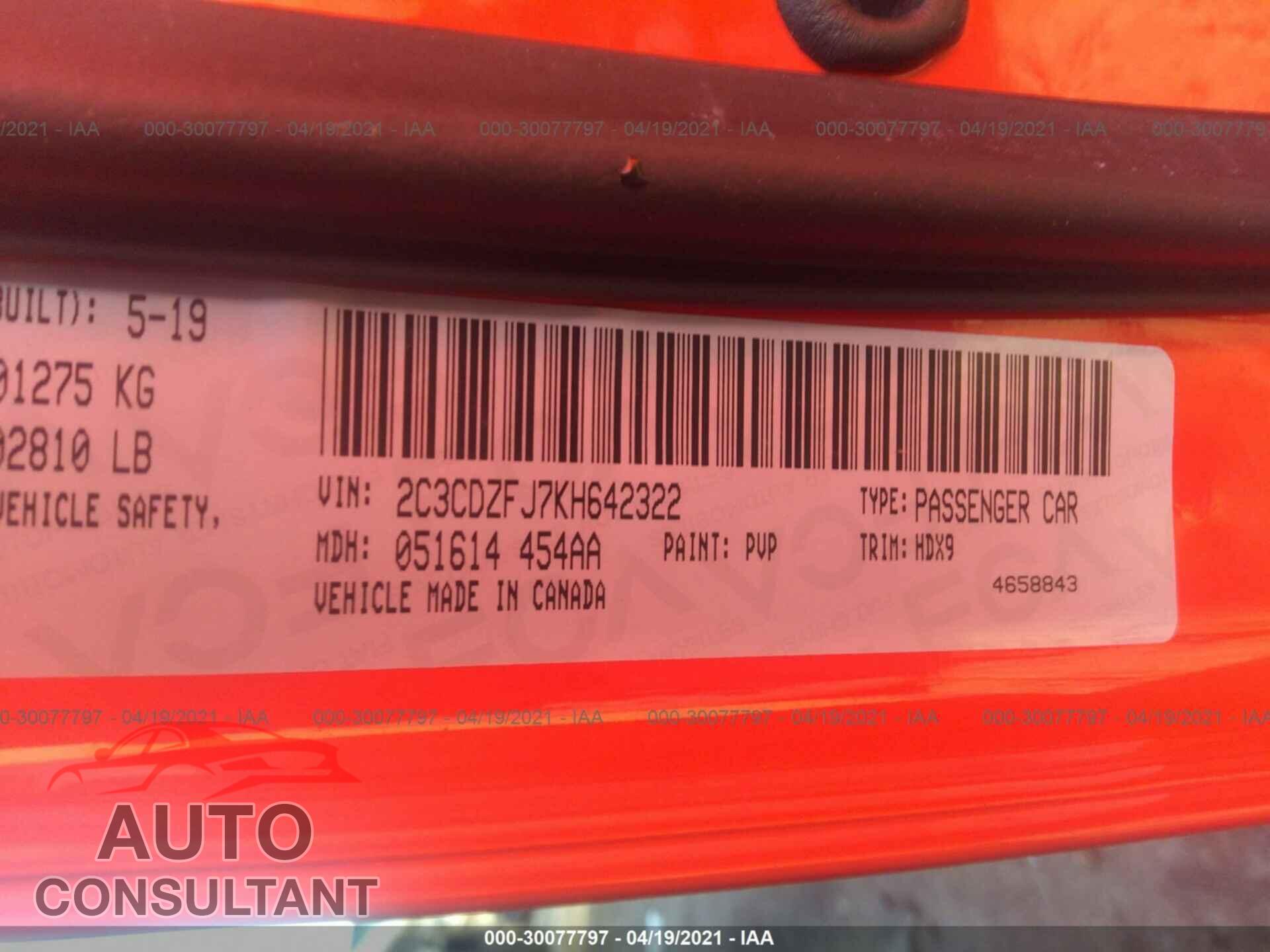 DODGE CHALLENGER 2019 - 2C3CDZFJ7KH642322