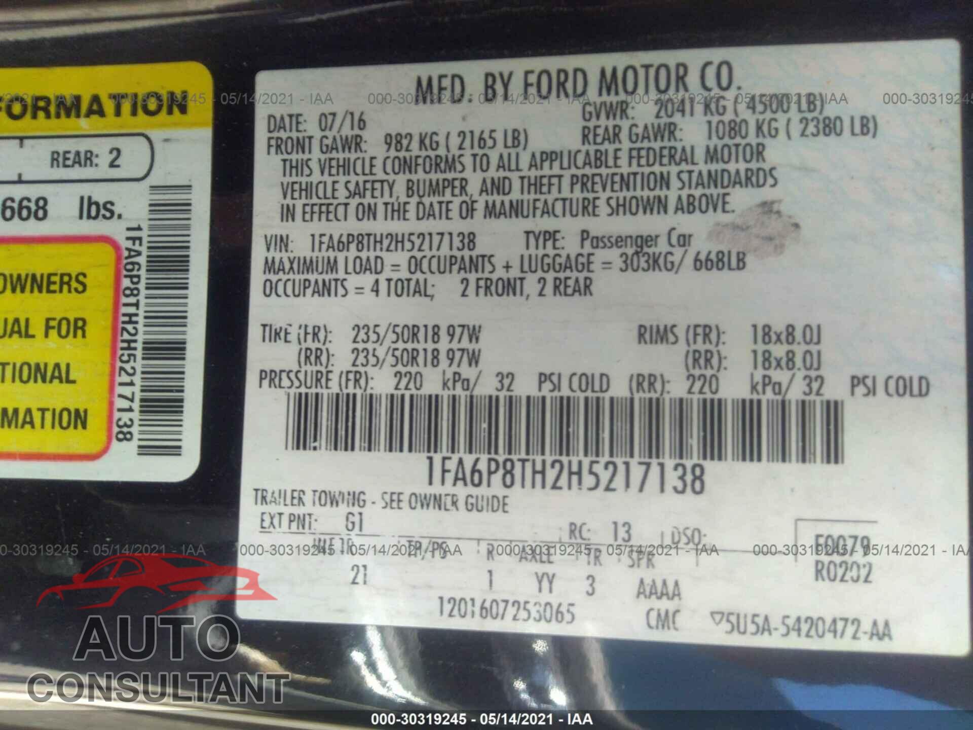 FORD MUSTANG 2017 - 1FA6P8TH2H5217138