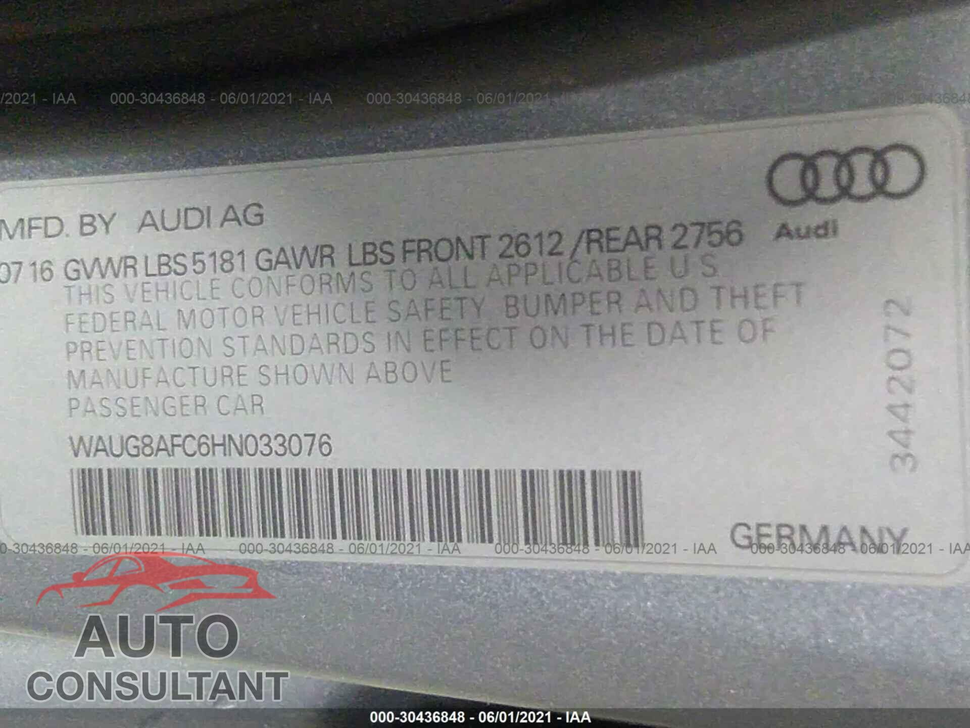 AUDI A6 2017 - WAUG8AFC6HN033076