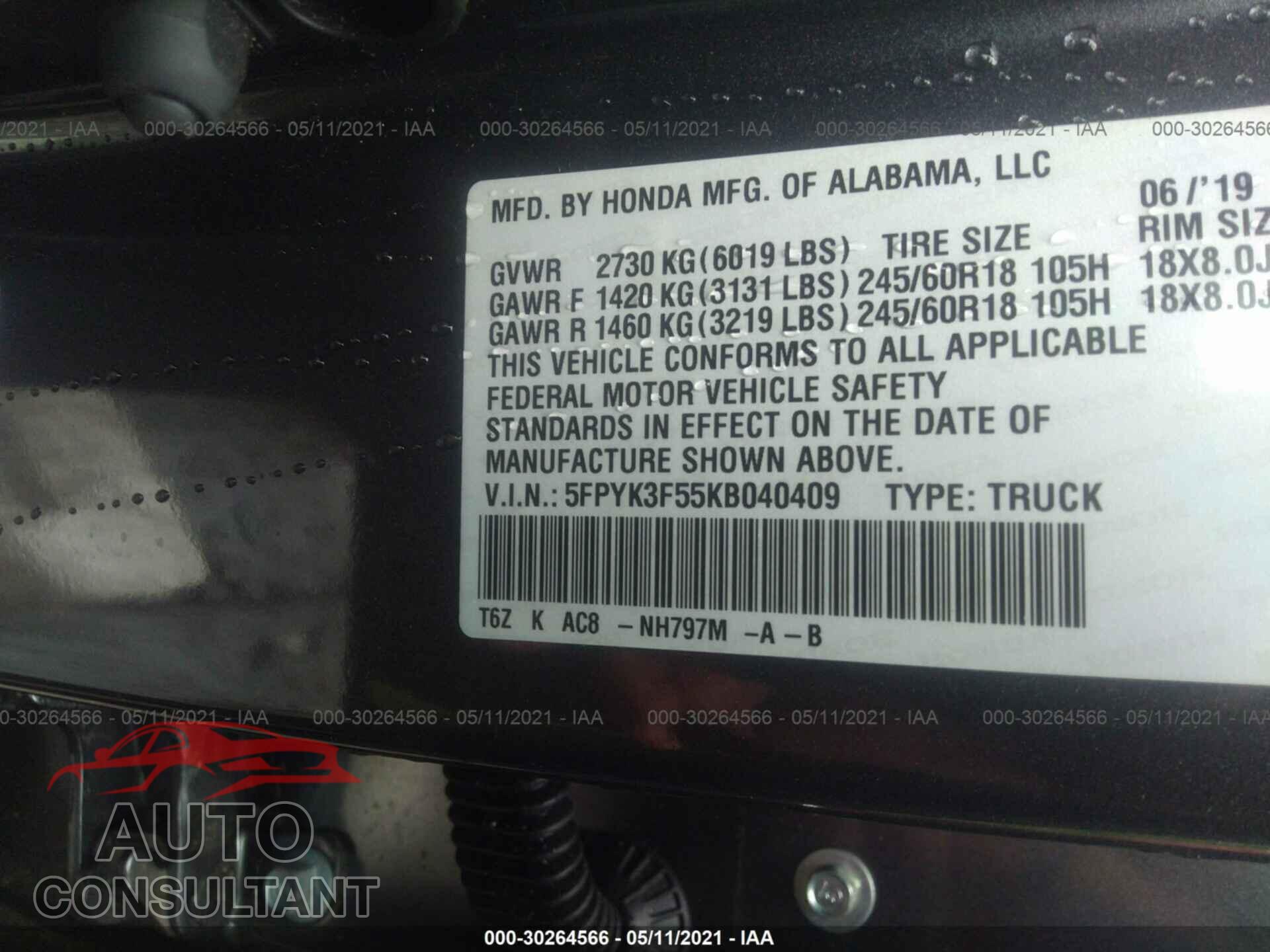 HONDA RIDGELINE 2019 - 5FPYK3F55KB040409