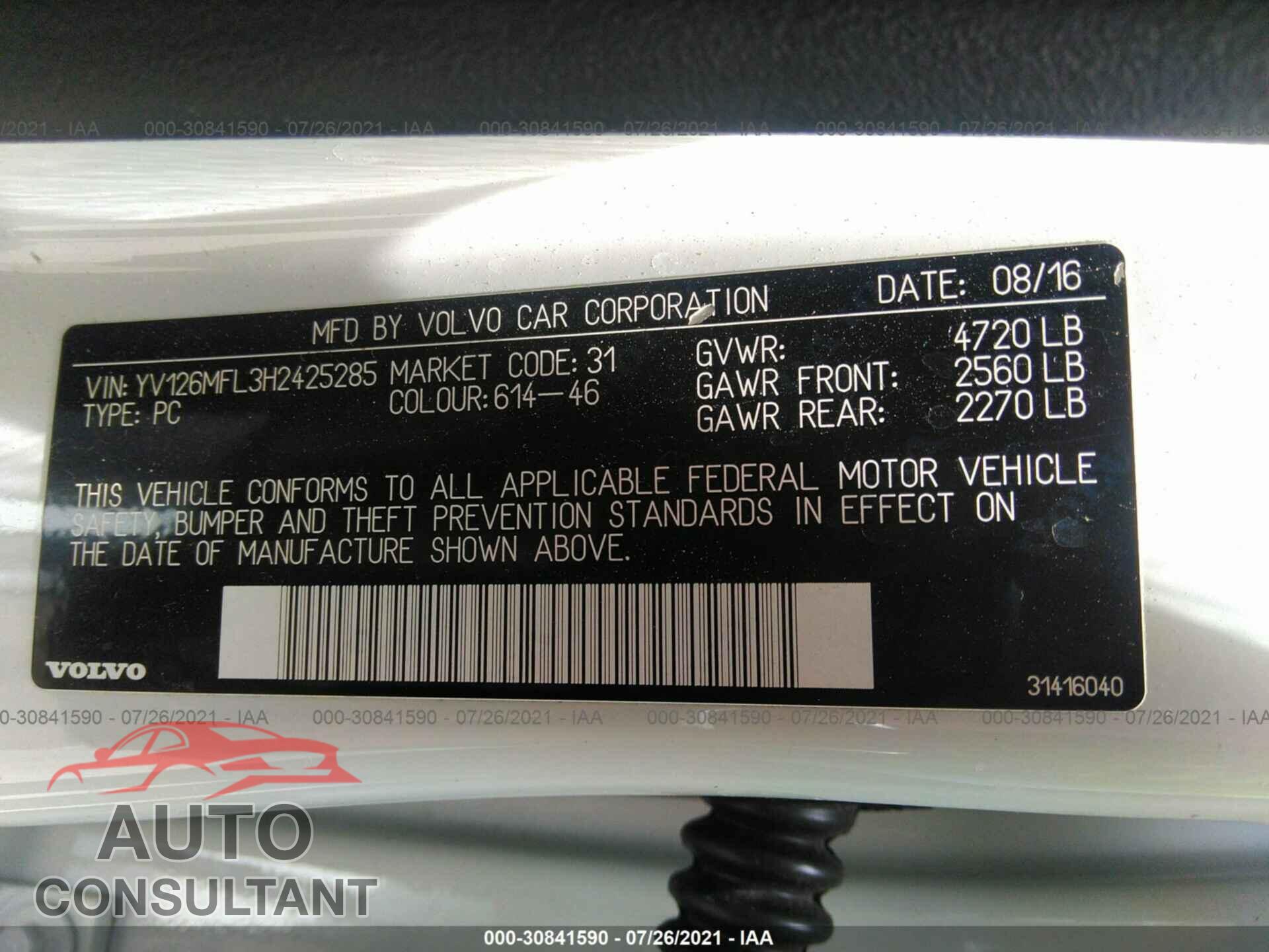 VOLVO S60 2017 - YV126MFL3H2425285