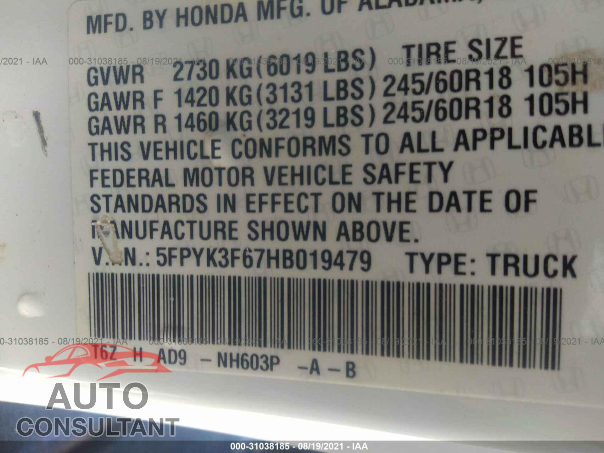 HONDA RIDGELINE 2017 - 5FPYK3F67HB019479