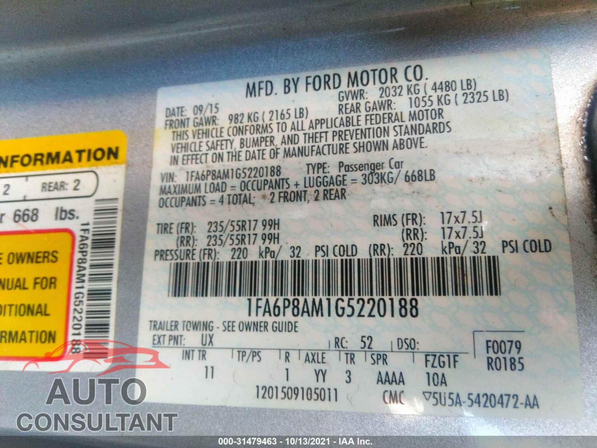 FORD MUSTANG 2016 - 1FA6P8AM1G5220188