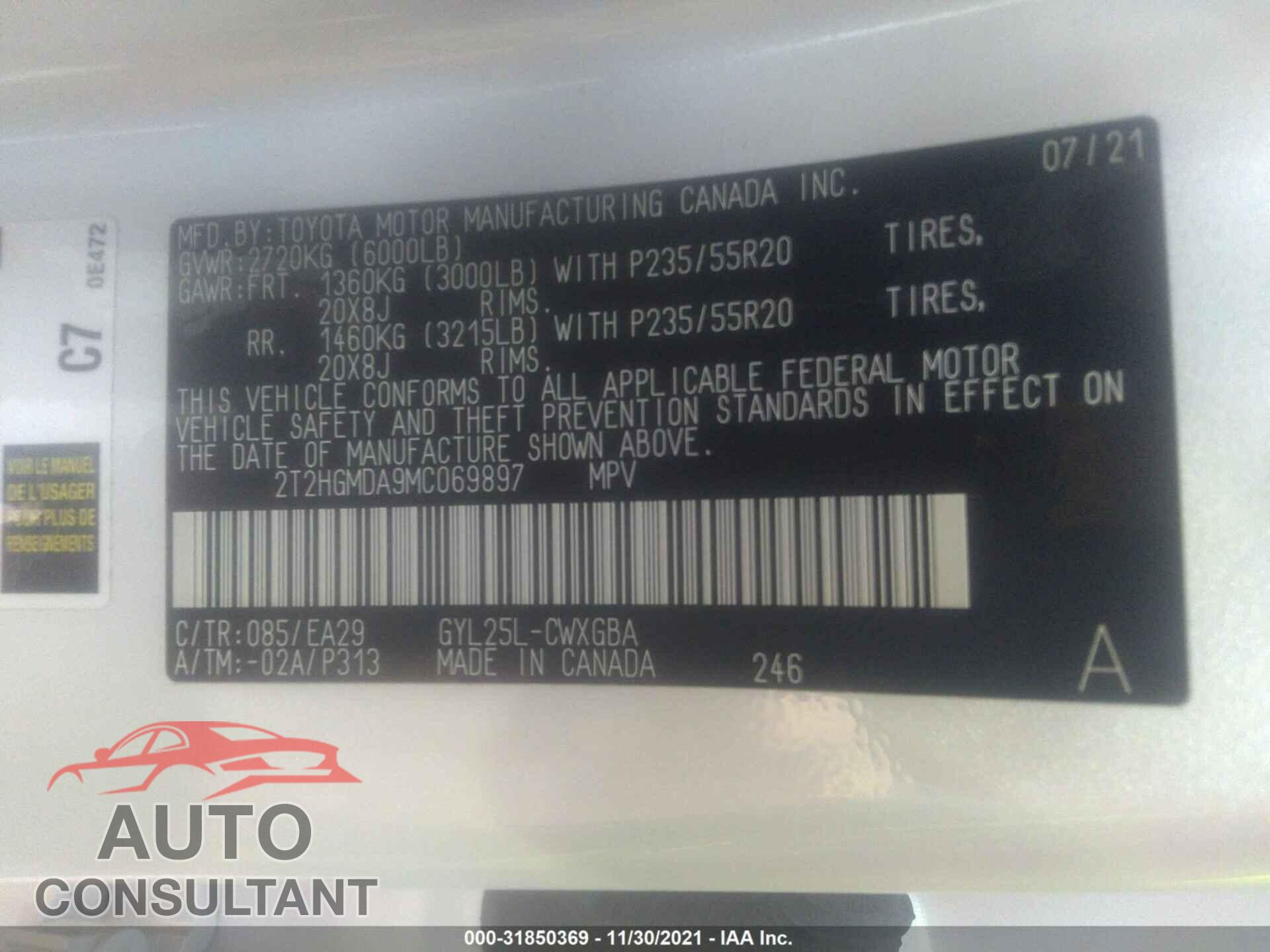LEXUS RX 2021 - 2T2HGMDA9MC069897