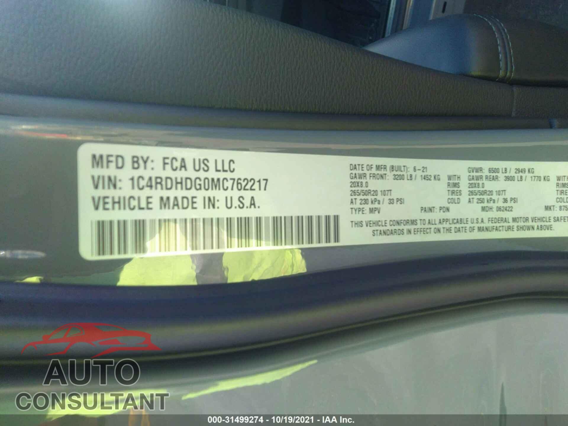 DODGE DURANGO 2021 - 1C4RDHDG0MC762217