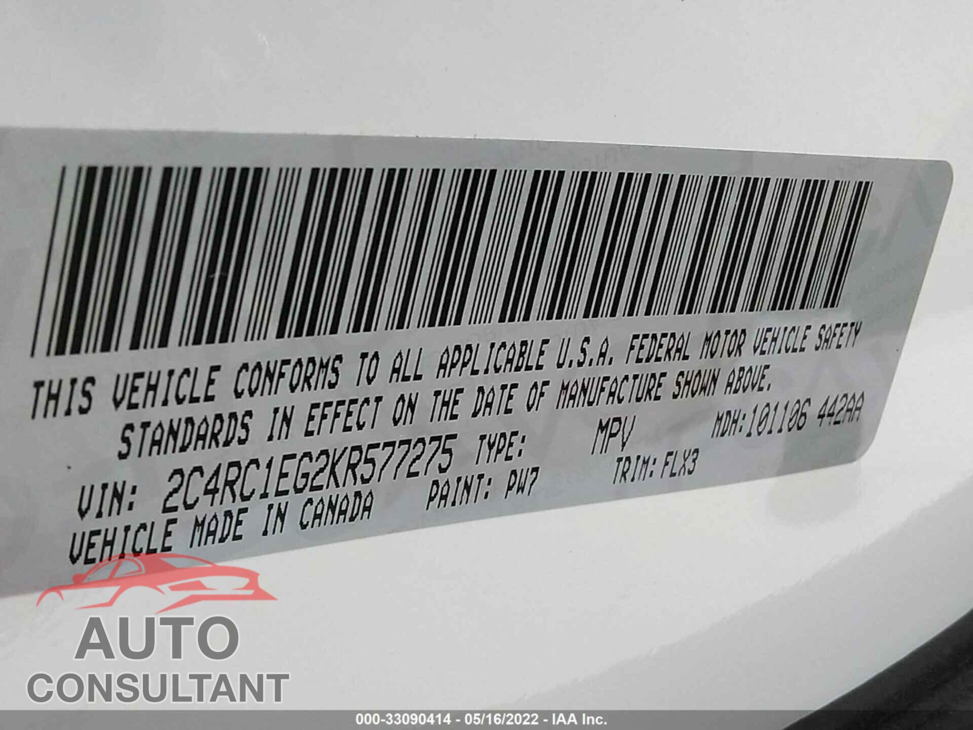 CHRYSLER PACIFICA 2019 - 2C4RC1EG2KR577275