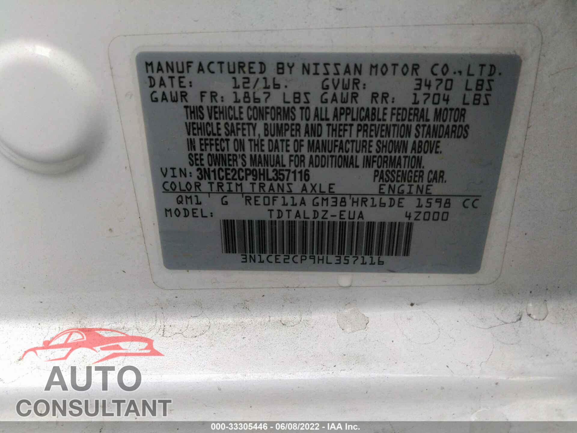 NISSAN VERSA NOTE 2017 - 3N1CE2CP9HL357116
