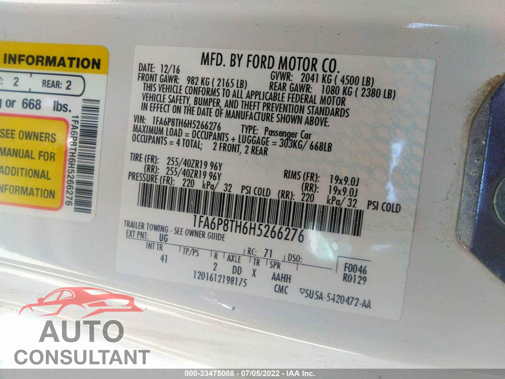 FORD MUSTANG 2017 - 1FA6P8TH6H5266276