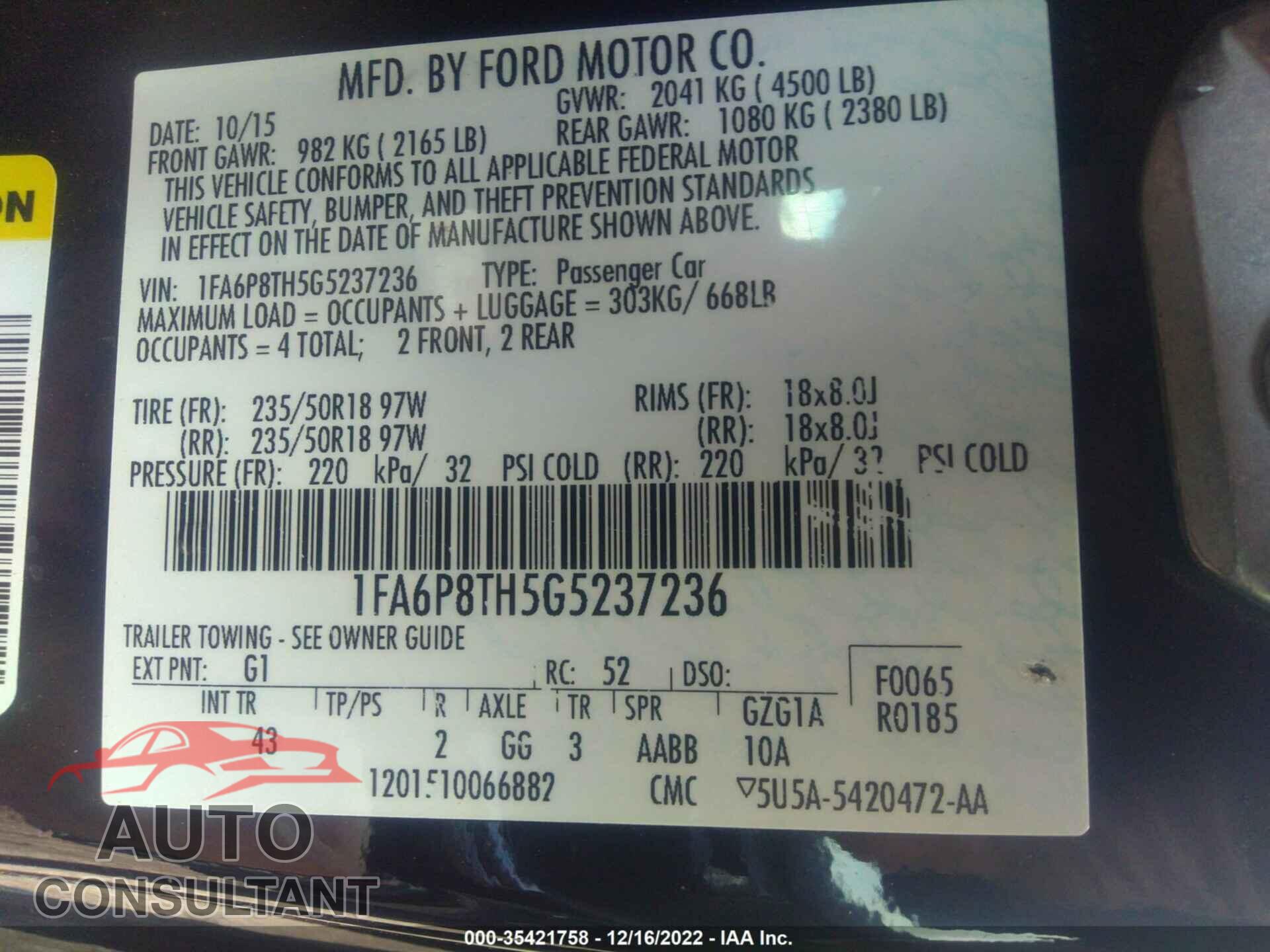FORD MUSTANG 2016 - 1FA6P8TH5G5237236