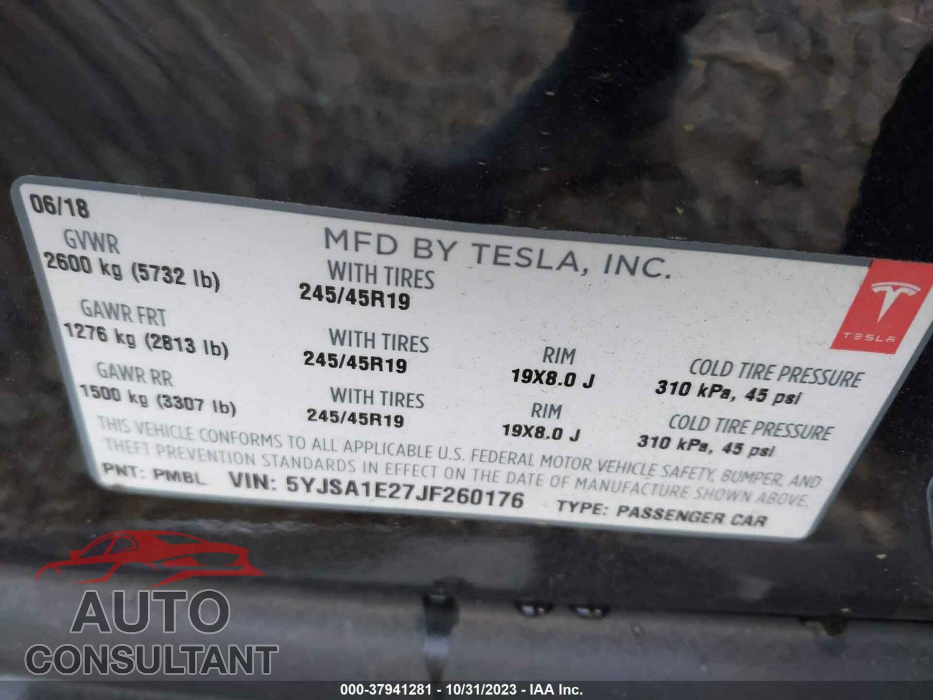 TESLA MODEL S 2018 - 5YJSA1E27JF260176