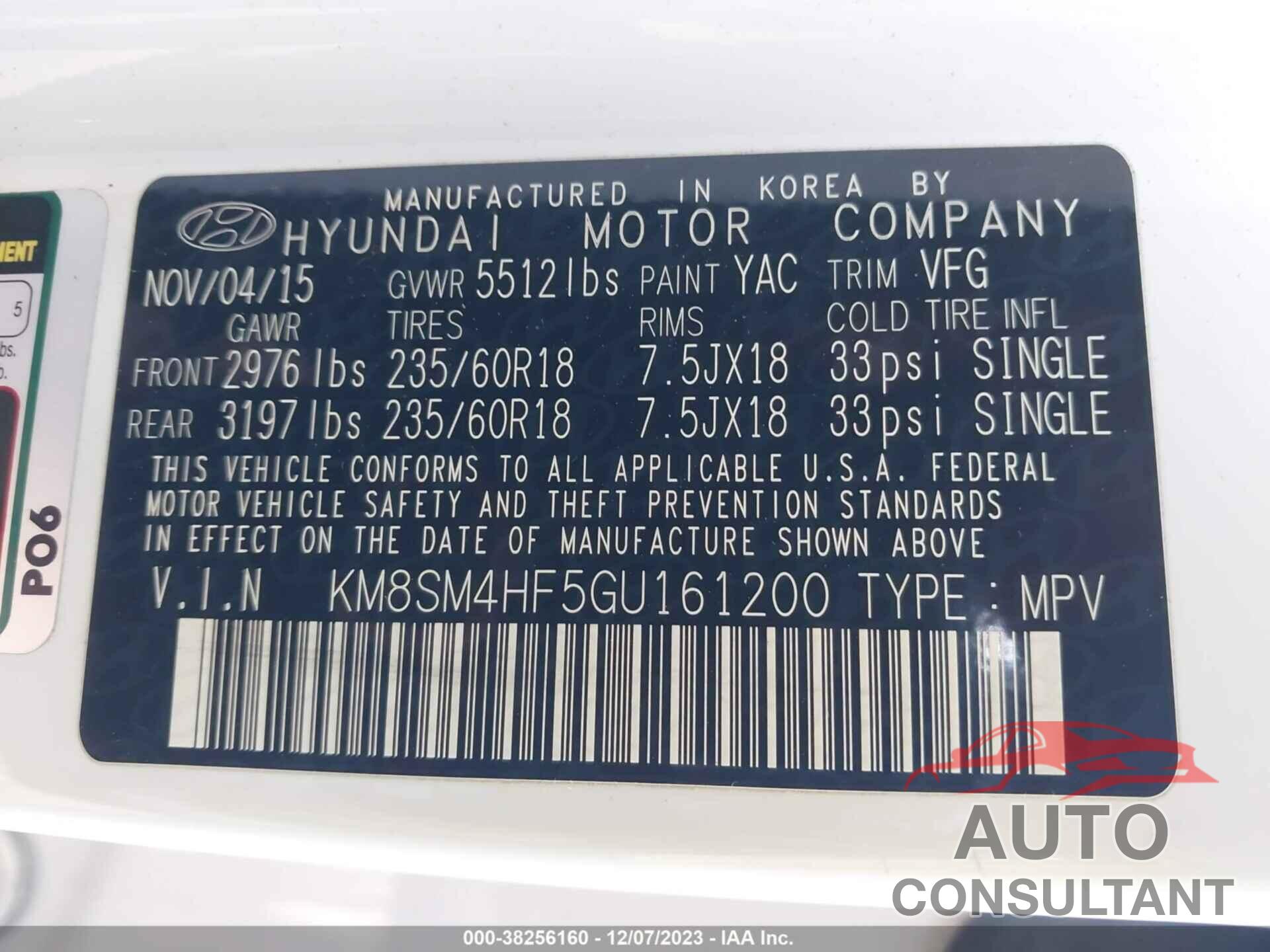 HYUNDAI SANTA FE 2016 - KM8SM4HF5GU161200