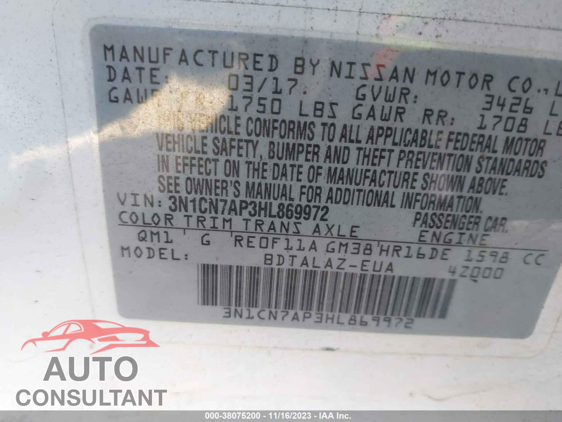 NISSAN VERSA 2017 - 3N1CN7AP3HL869972