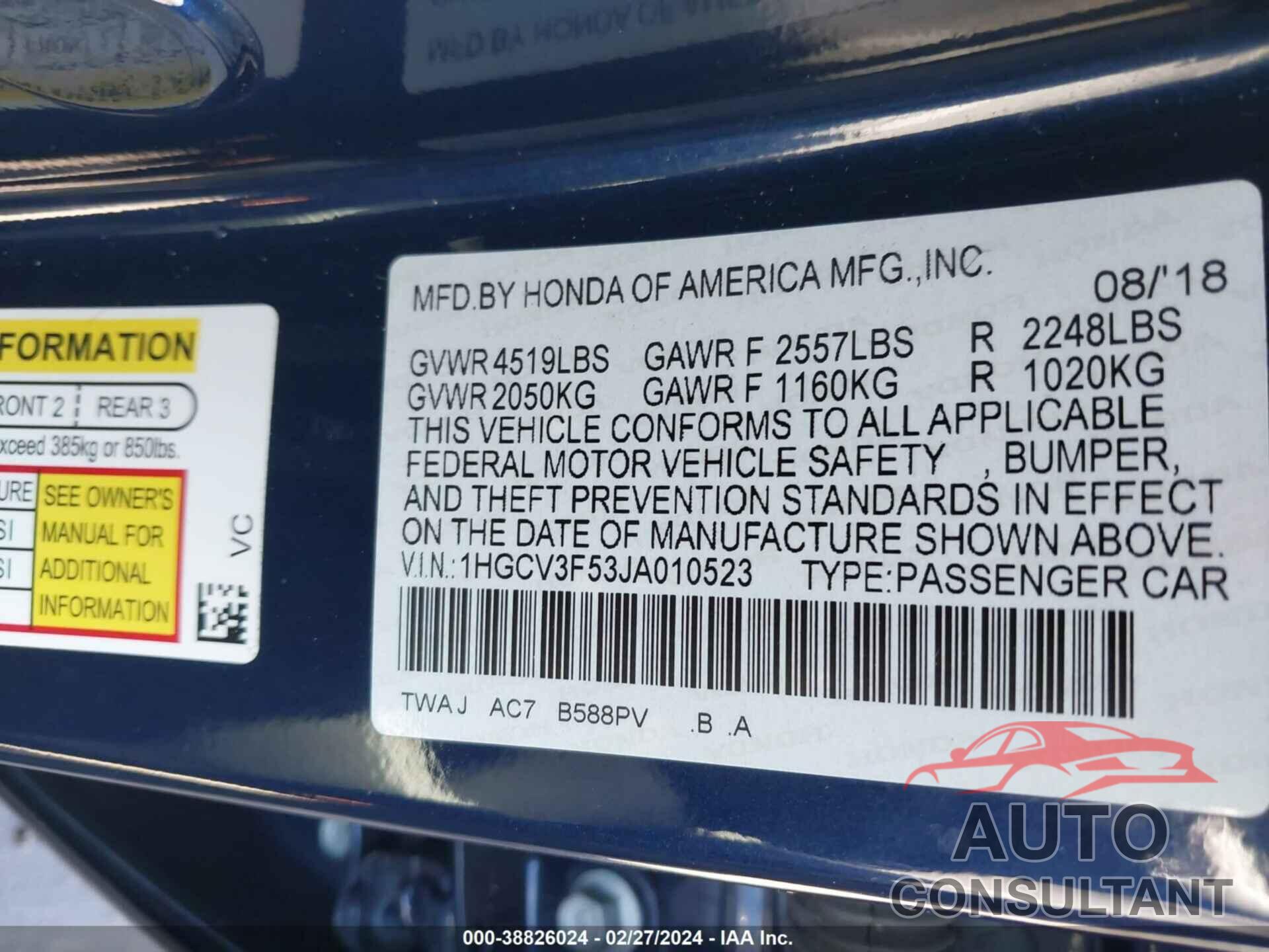 HONDA ACCORD HYBRID 2018 - 1HGCV3F53JA010523