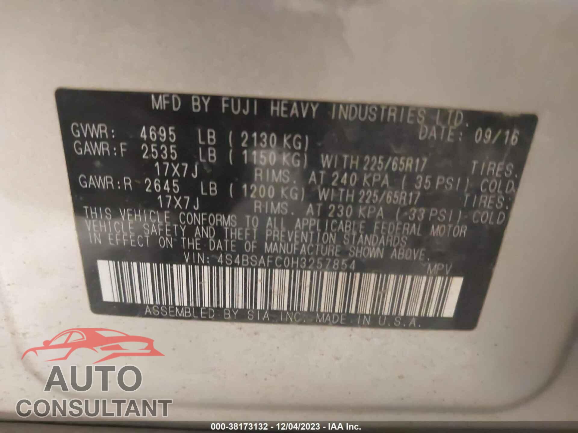 SUBARU OUTBACK 2017 - 4S4BSAFC0H3257854