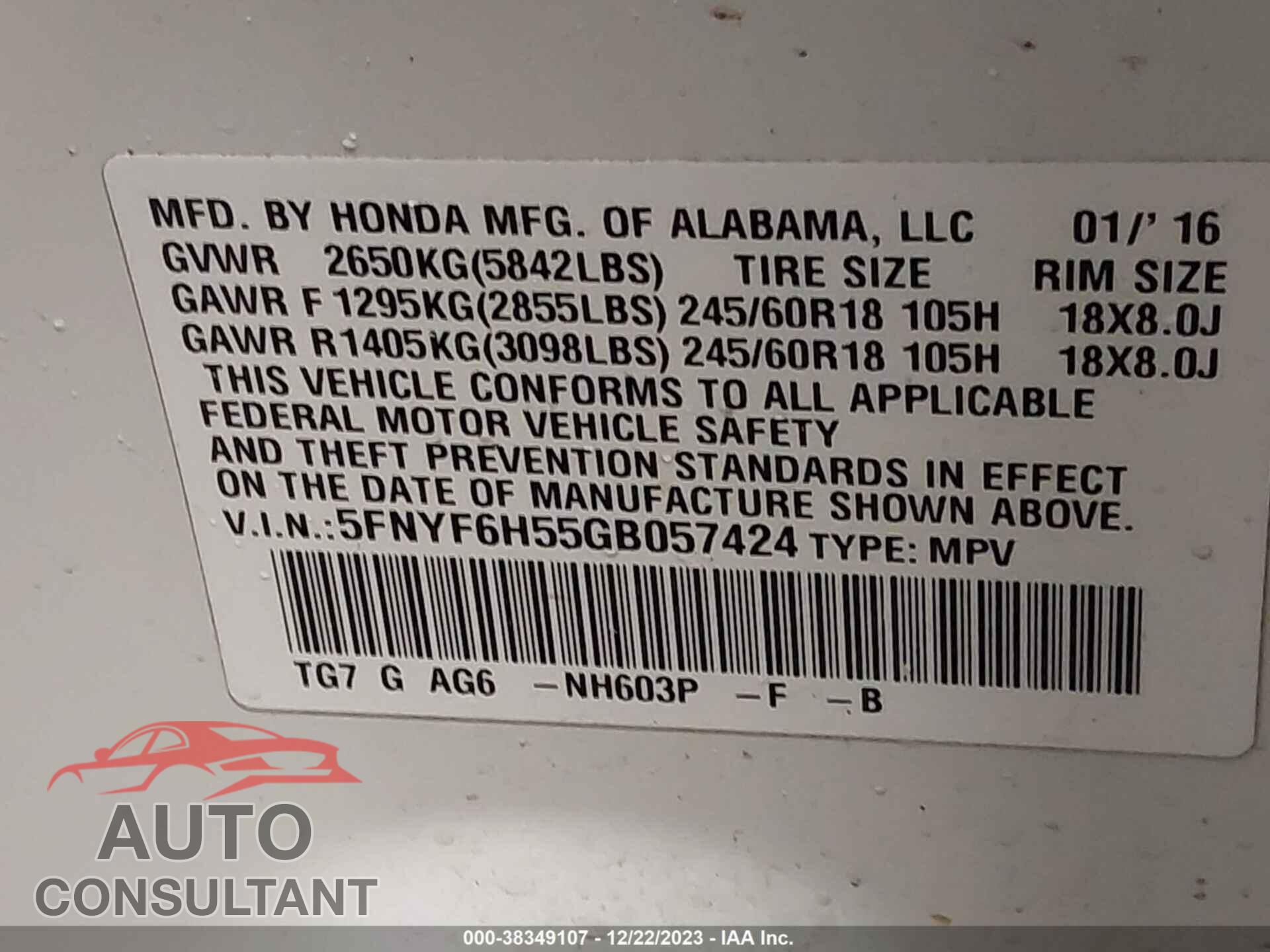 HONDA PILOT 2016 - 5FNYF6H55GB057424