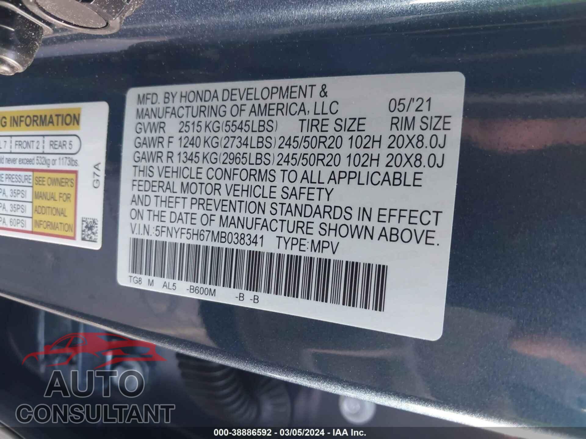 HONDA PILOT 2021 - 5FNYF5H67MB038341