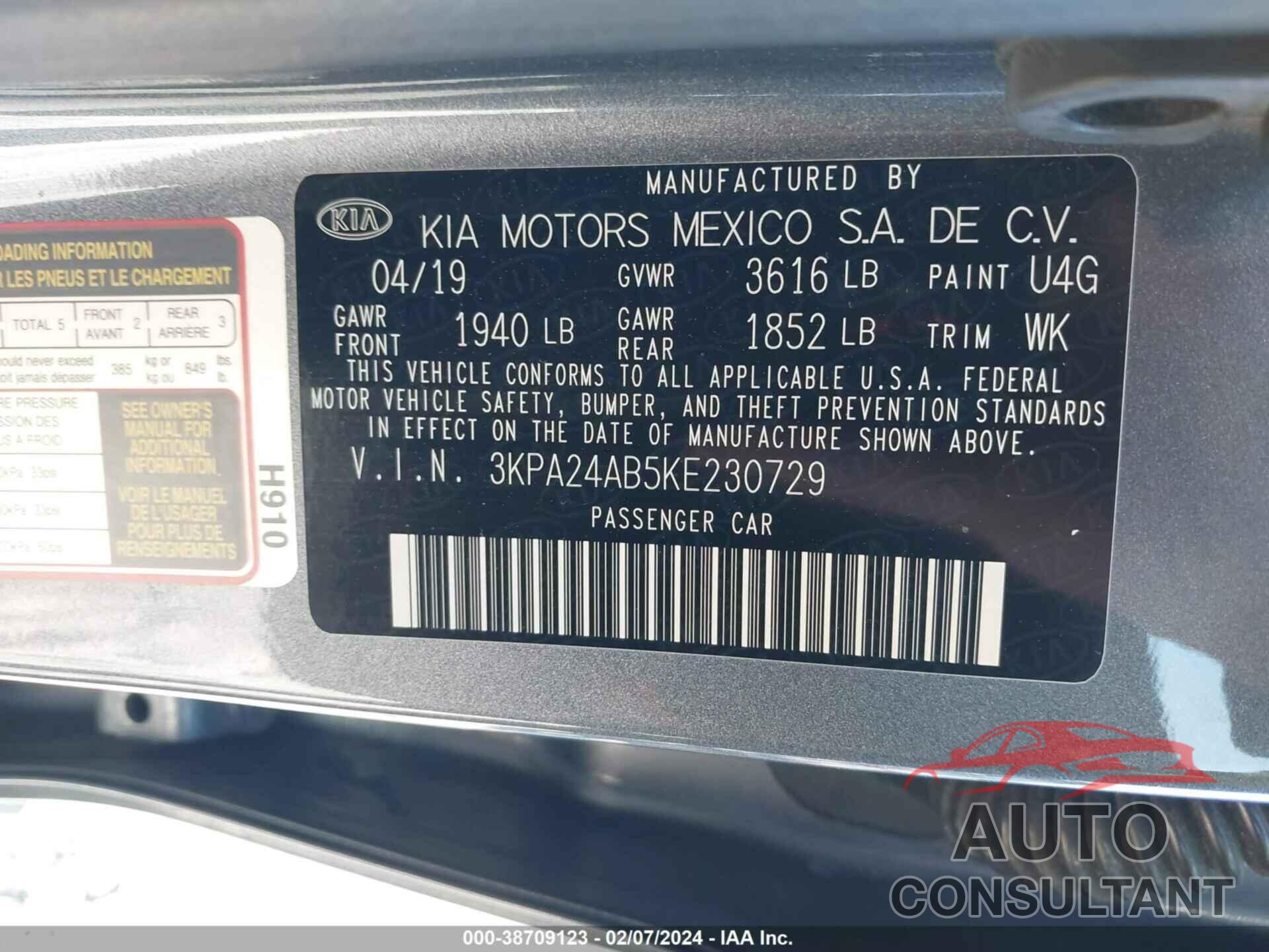 KIA RIO 2019 - 3KPA24AB5KE230729