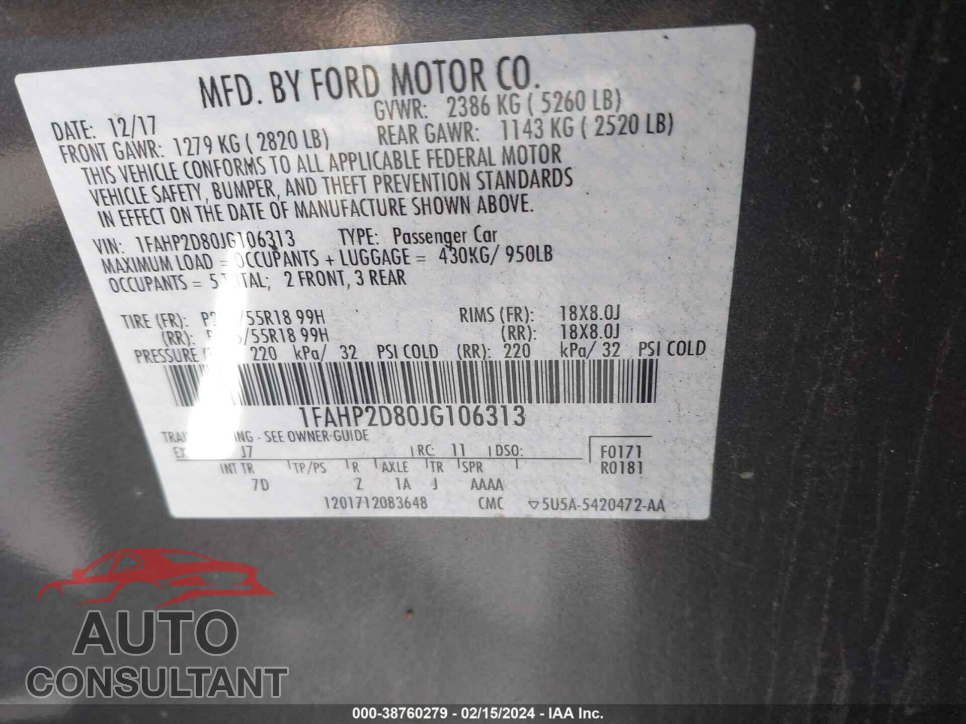 FORD TAURUS 2018 - 1FAHP2D80JG106313