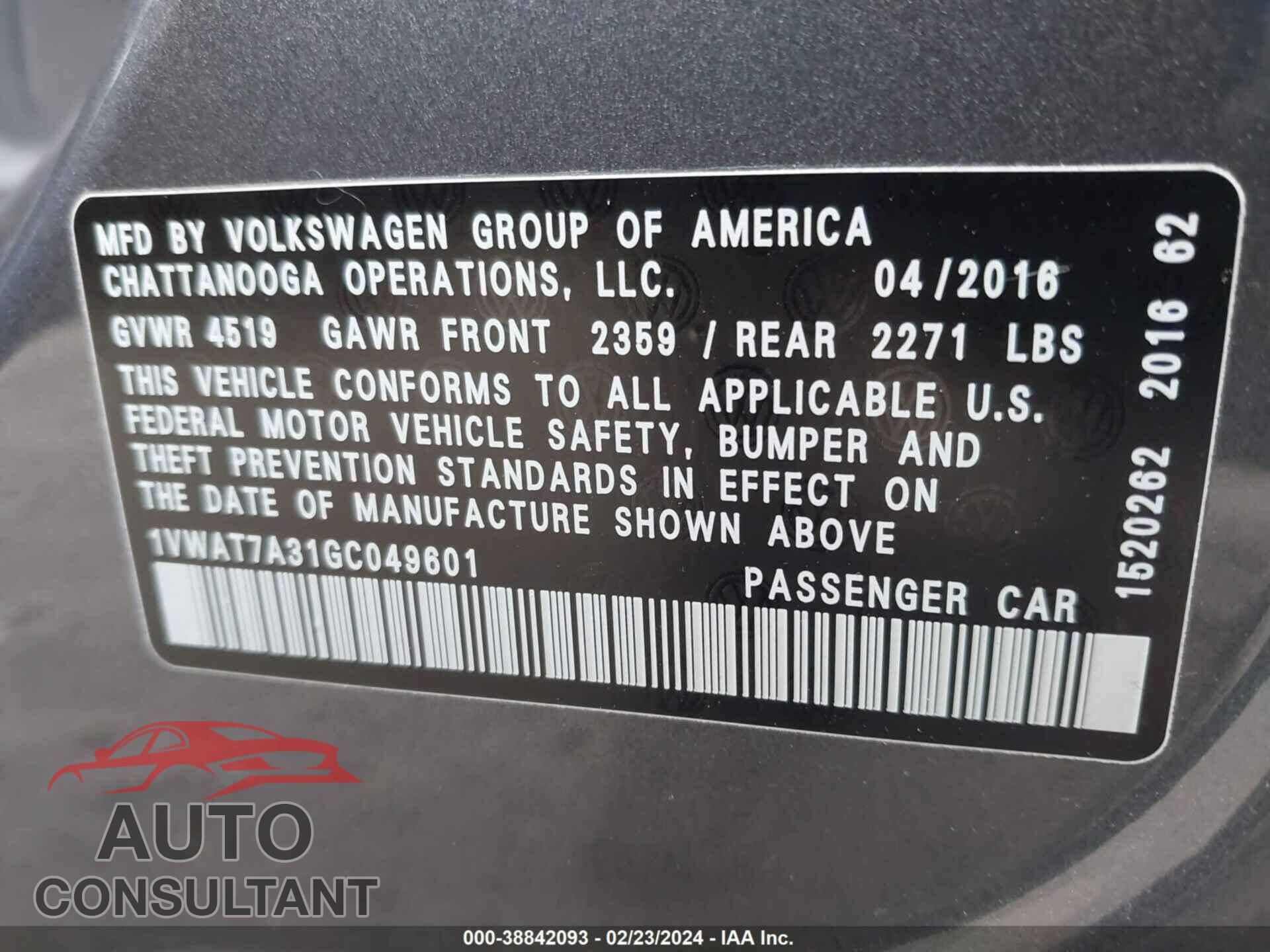 VOLKSWAGEN PASSAT 2016 - 1VWAT7A31GC049601