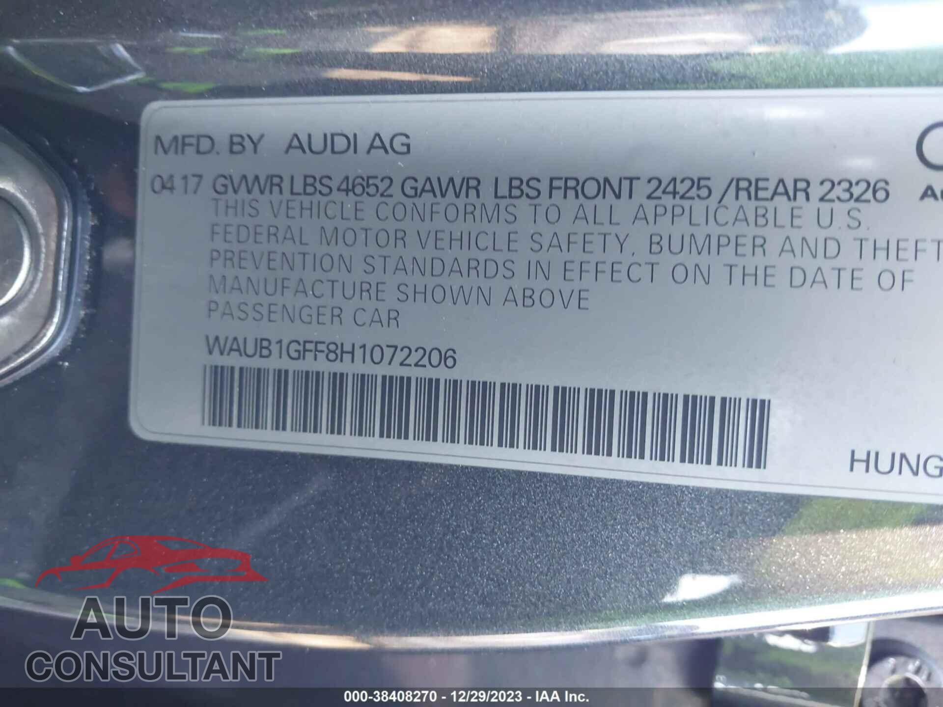 AUDI S3 2017 - WAUB1GFF8H1072206