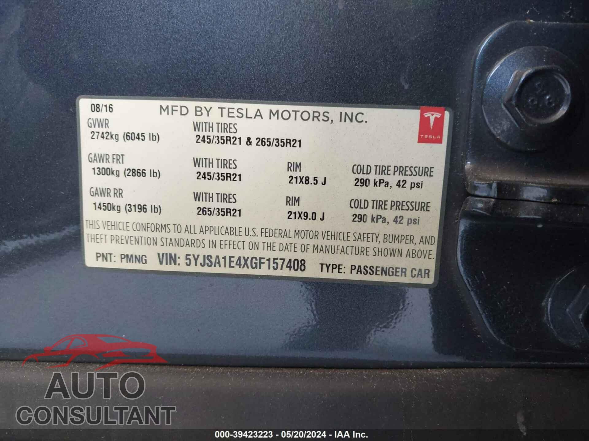 TESLA MODEL S 2016 - 5YJSA1E4XGF157408
