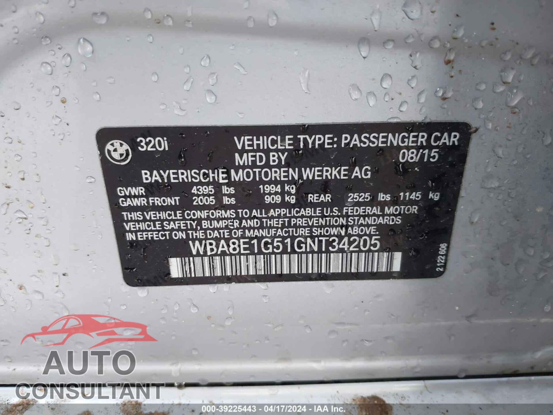 BMW 320 2016 - WBA8E1G51GNT34205