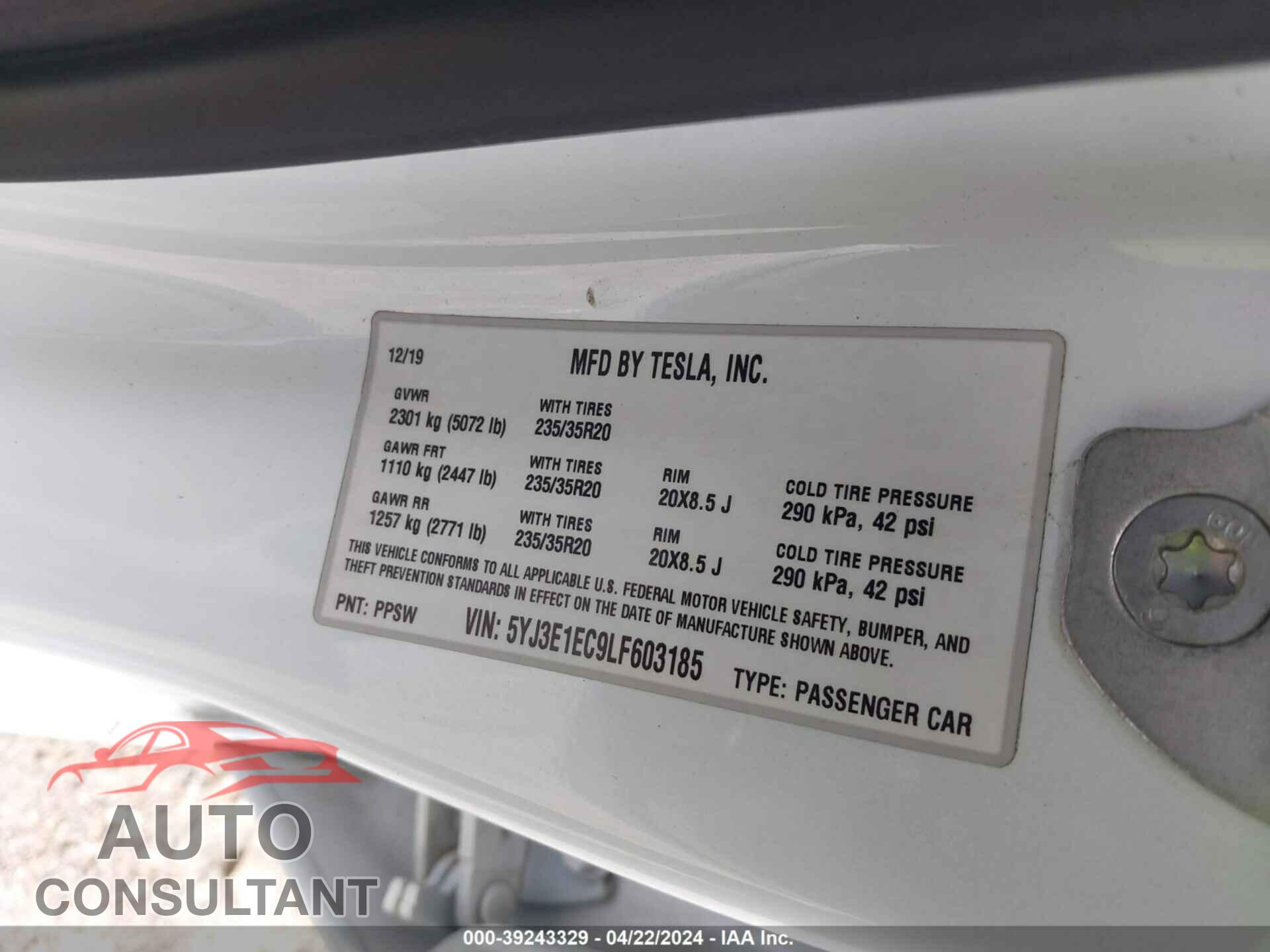 TESLA MODEL 3 2020 - 5YJ3E1EC9LF603185