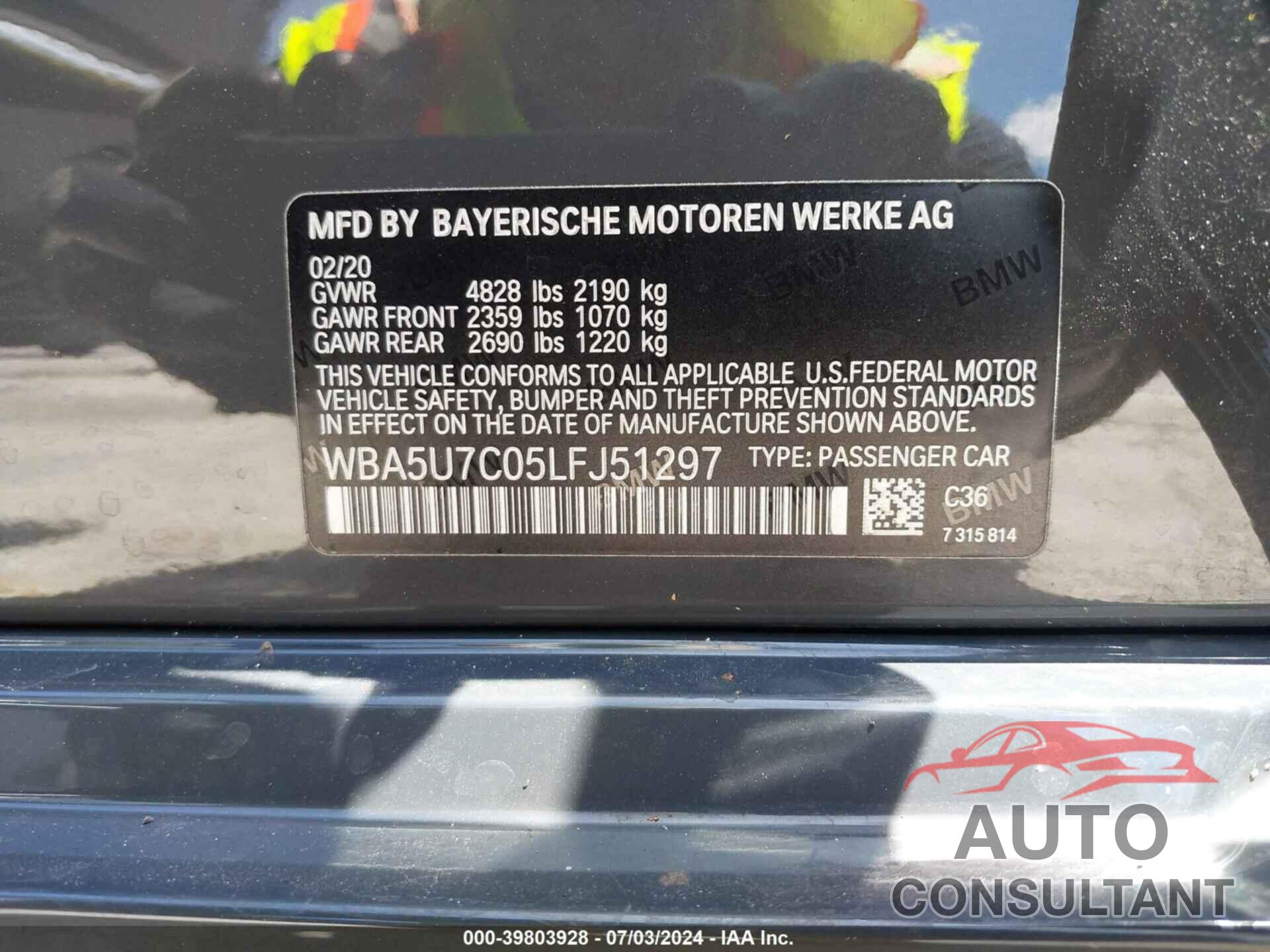BMW 3 SERIES 2020 - WBA5U7C05LFJ51297