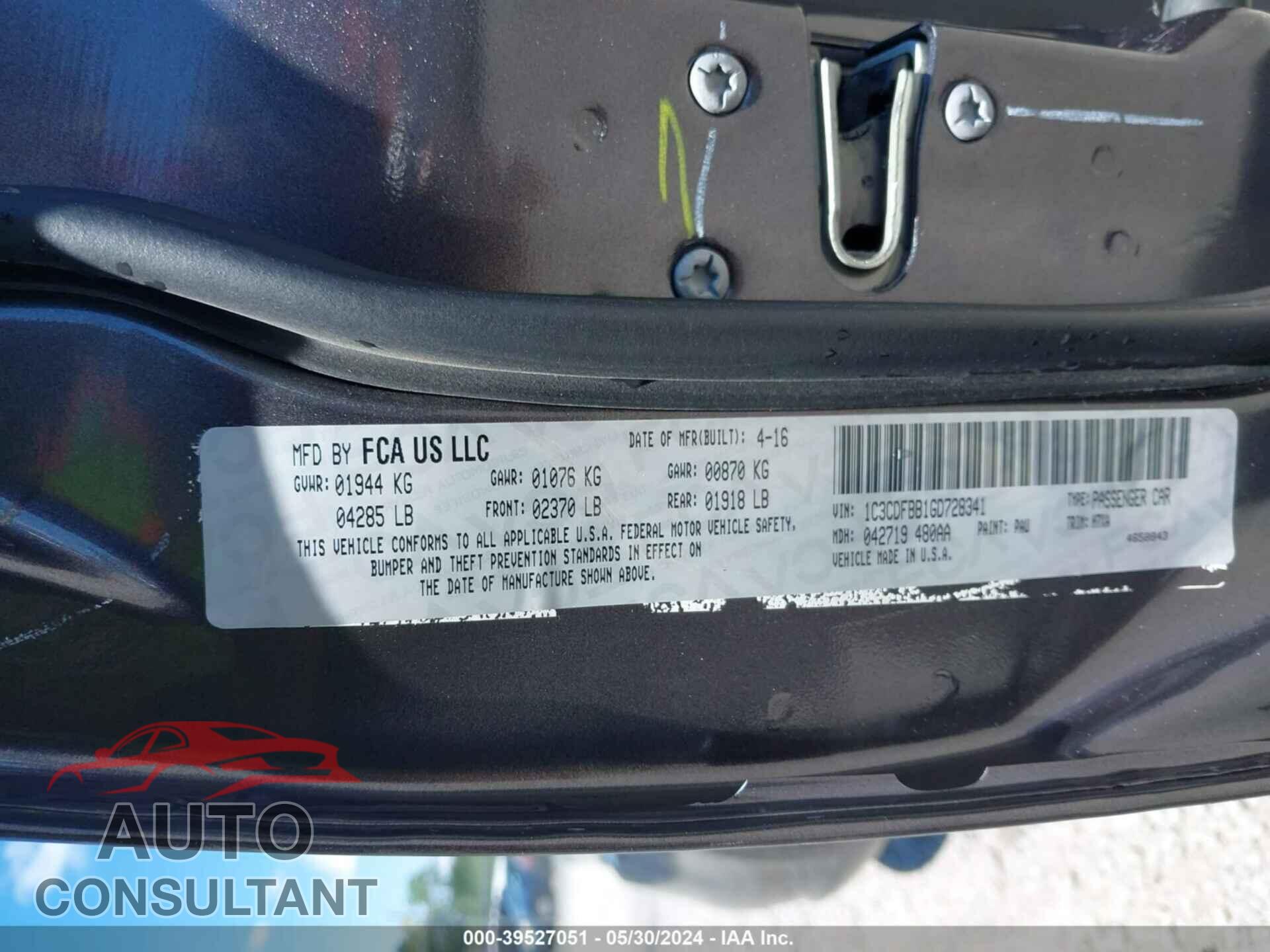 DODGE DART 2016 - 1C3CDFBB1GD728341