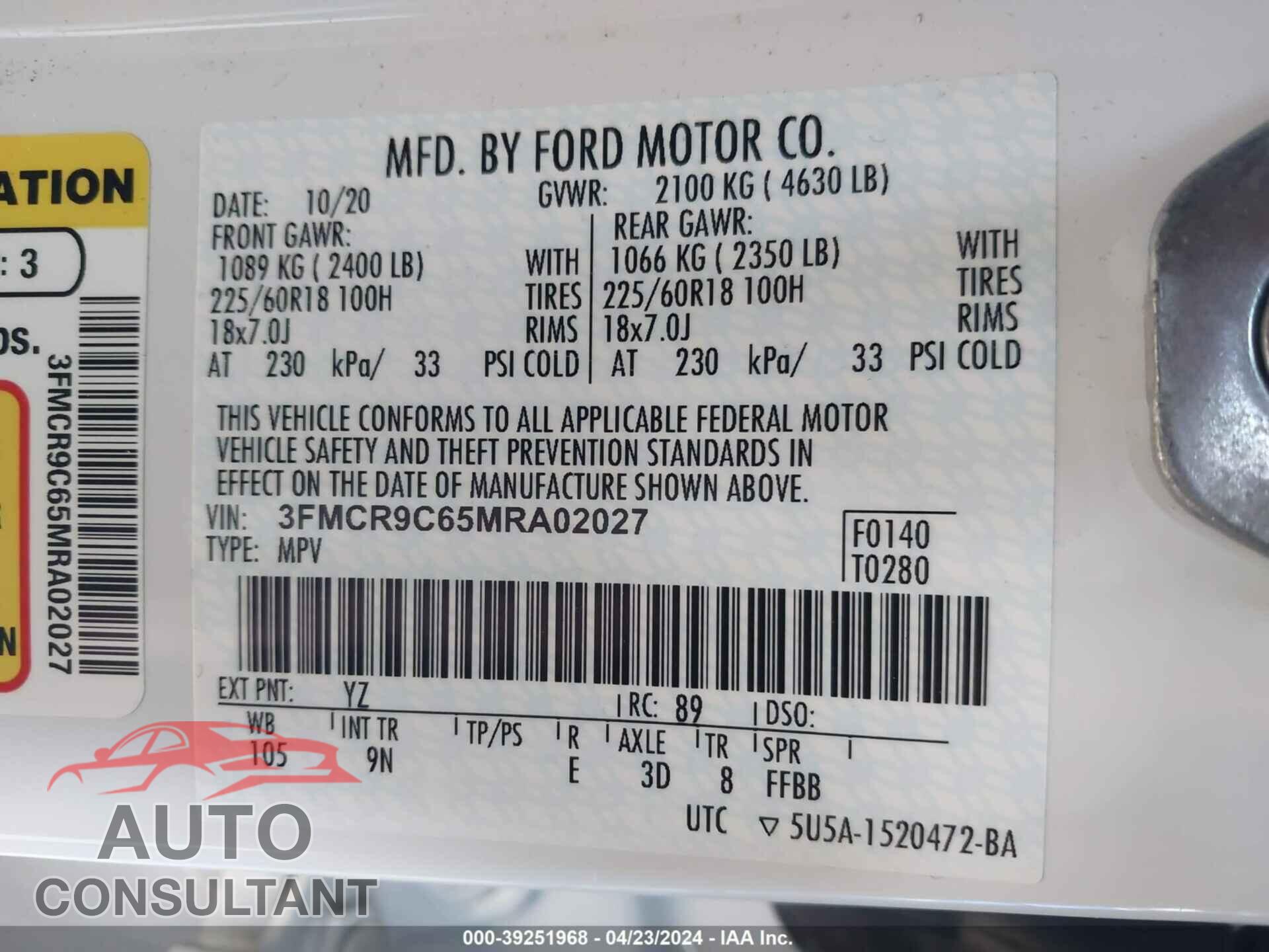 FORD BRONCO SPORT 2021 - 3FMCR9C65MRA02027