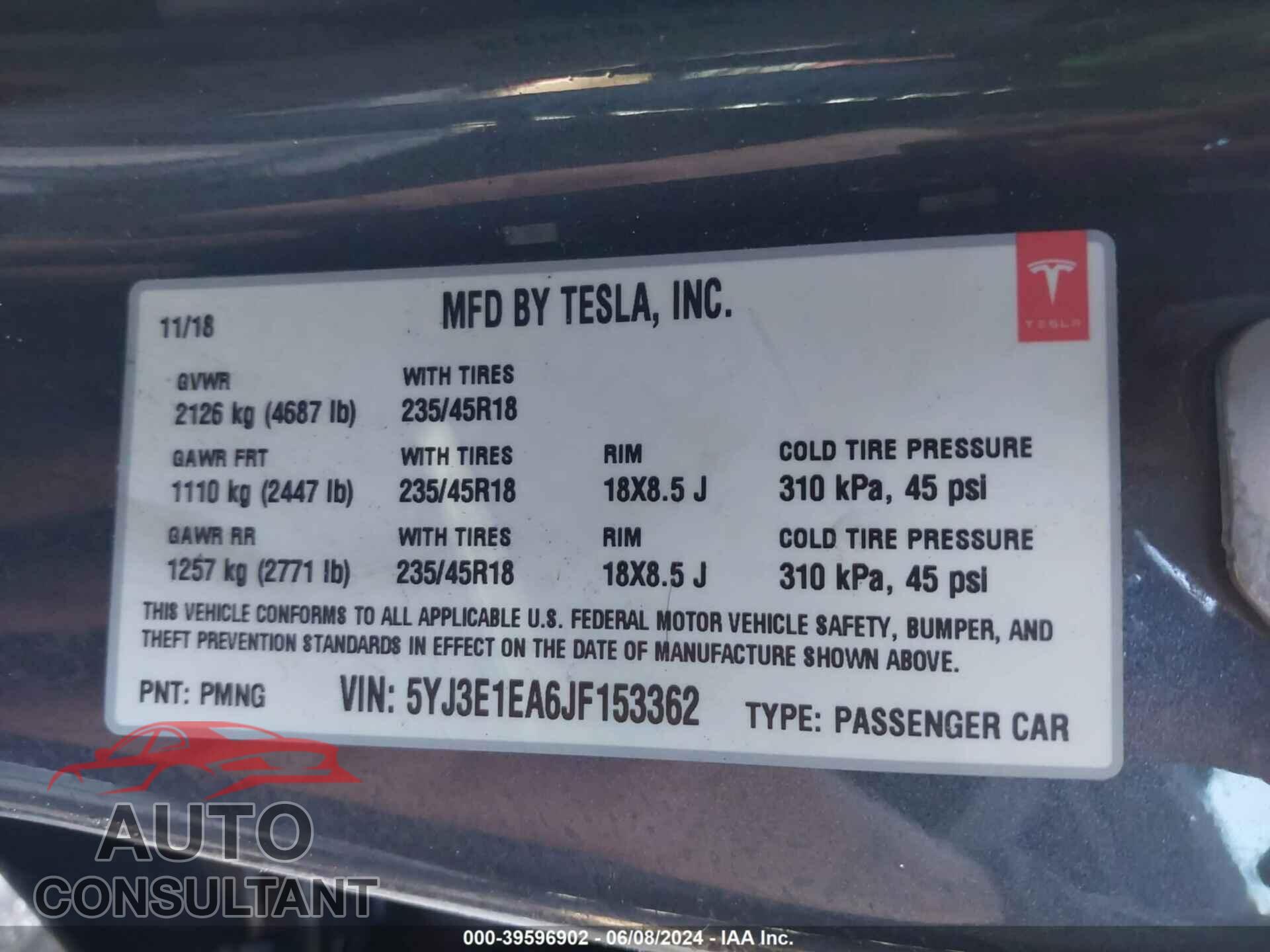 TESLA MODEL 3 2018 - 5YJ3E1EA6JF153362