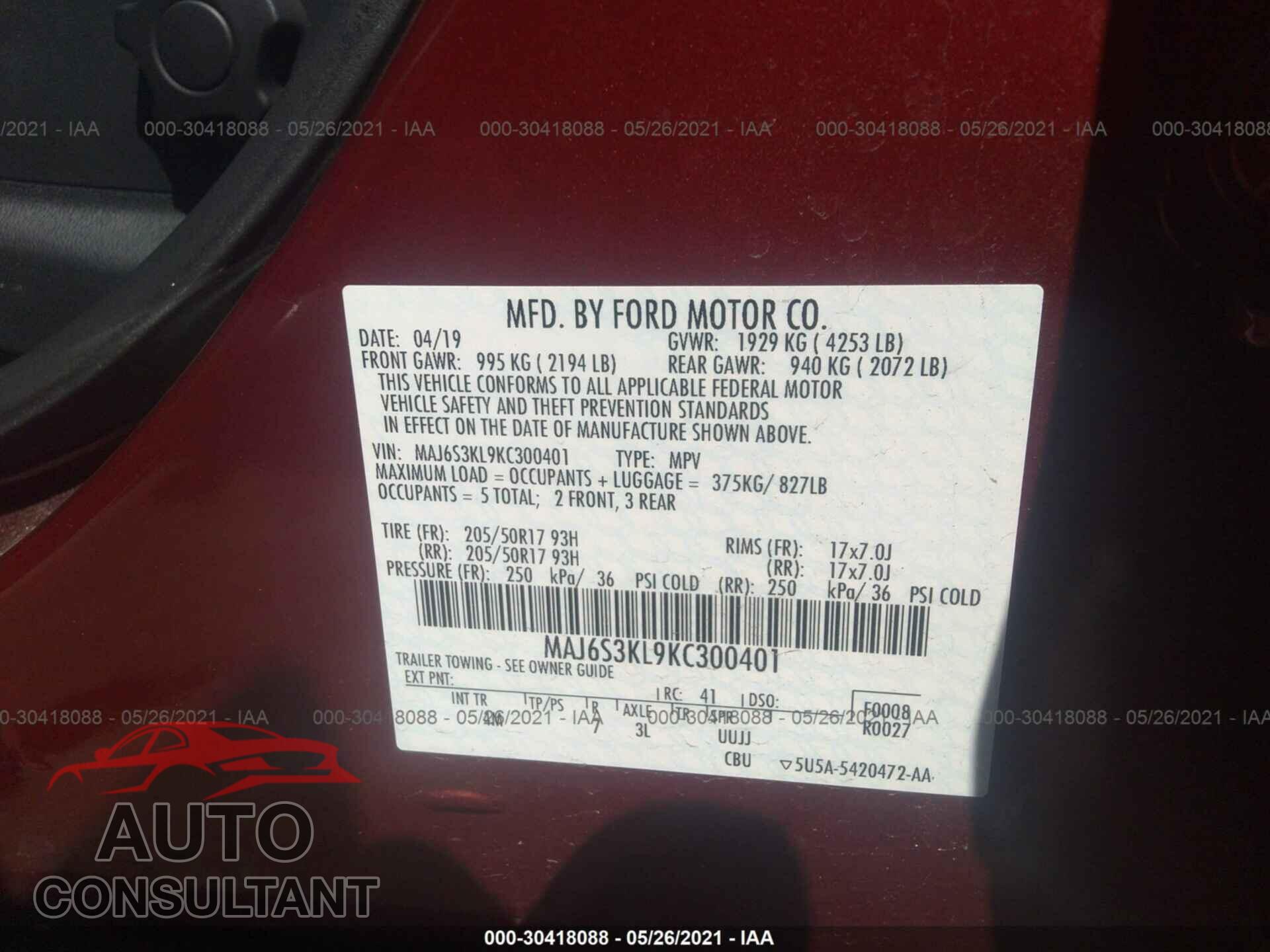 FORD ECOSPORT 2019 - MAJ6S3KL9KC300401