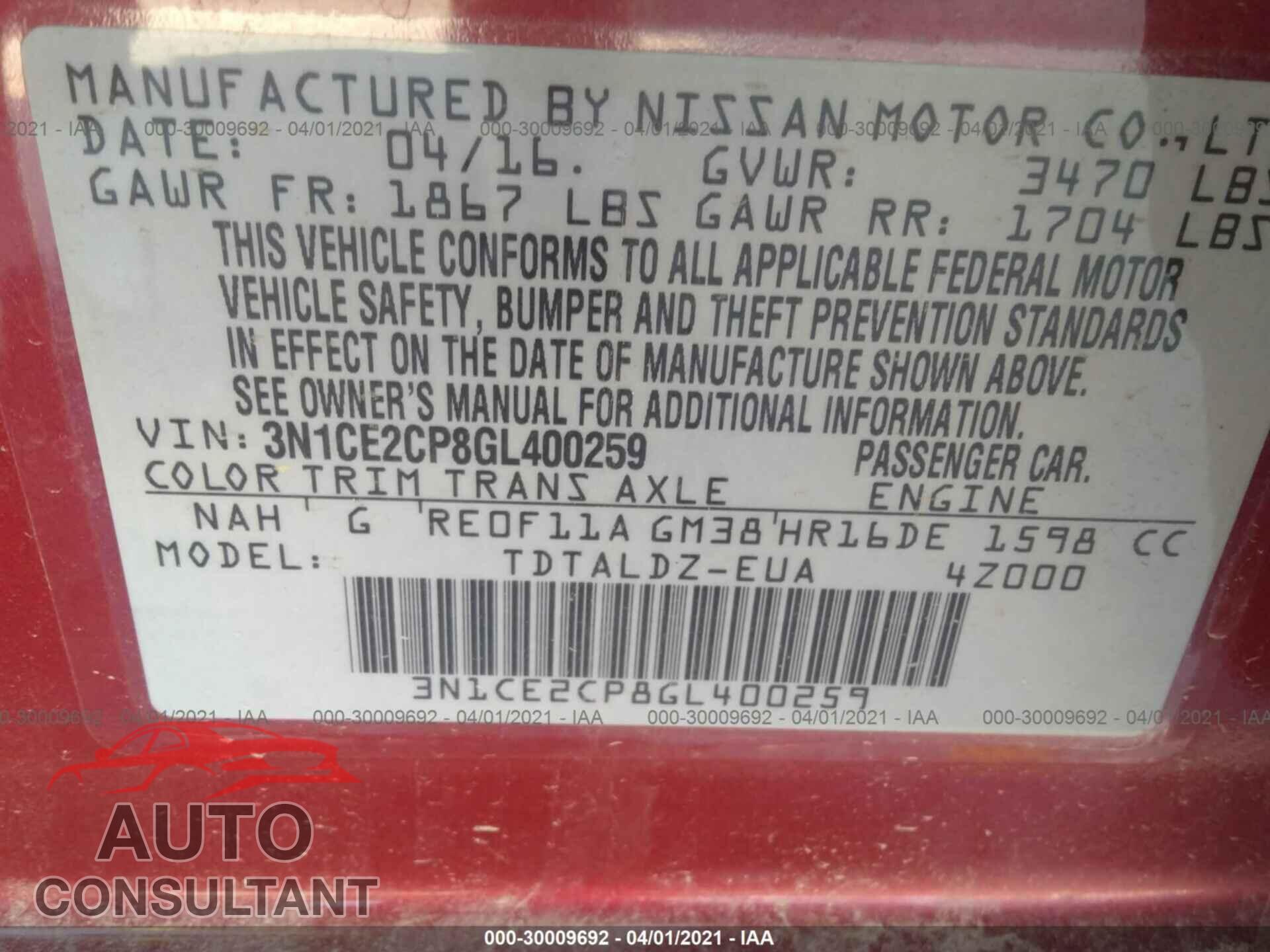 NISSAN VERSA NOTE 2016 - 3N1CE2CP8GL400259