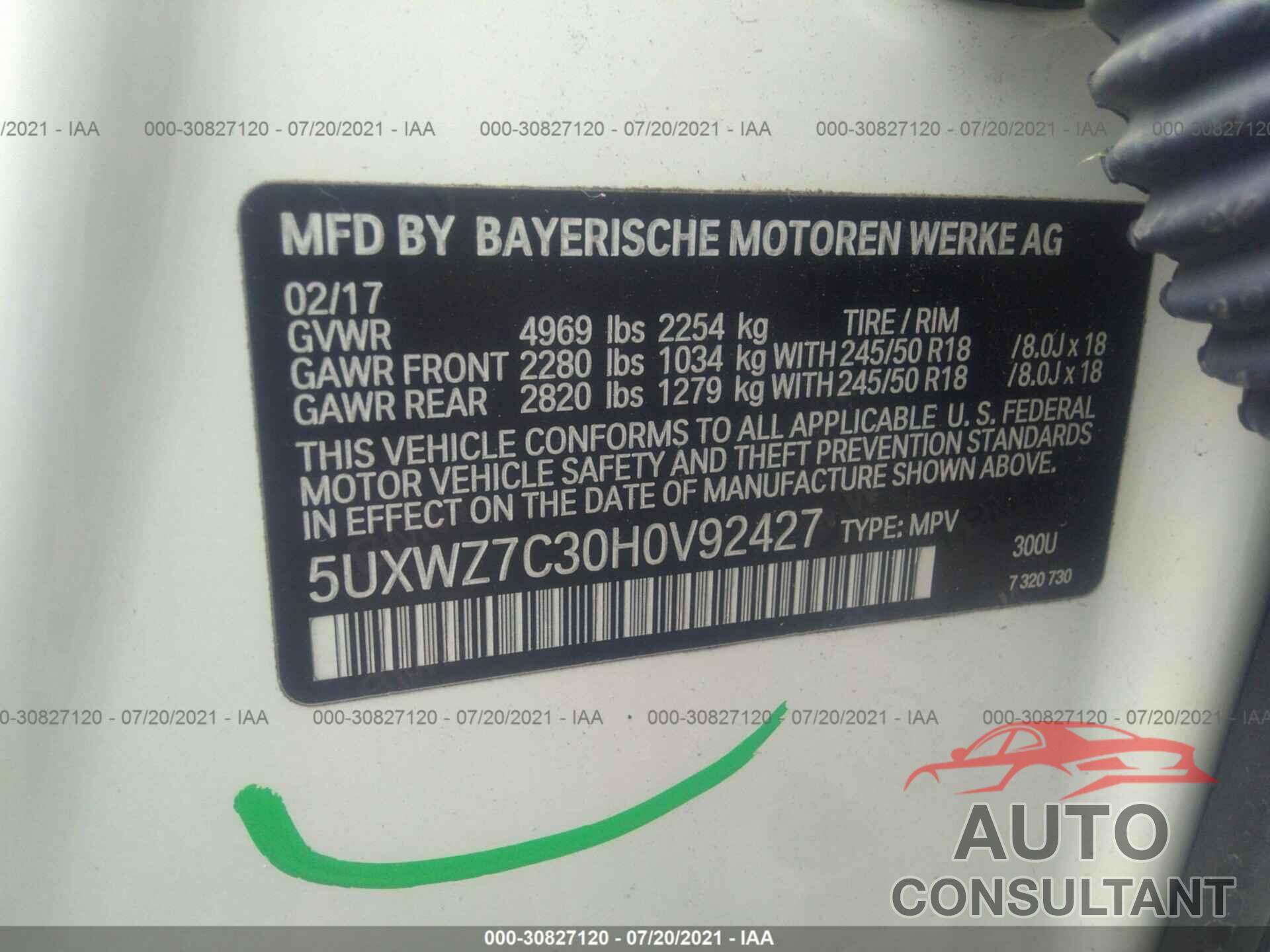 BMW X3 2017 - 5UXWX9C50H0D92427