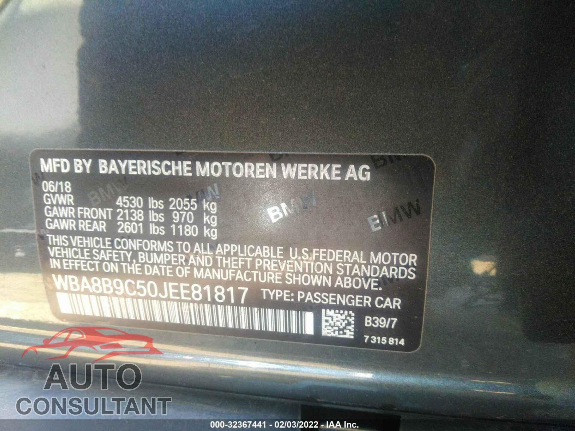 BMW 3 SERIES 2018 - WBA8B9C50JEE81817