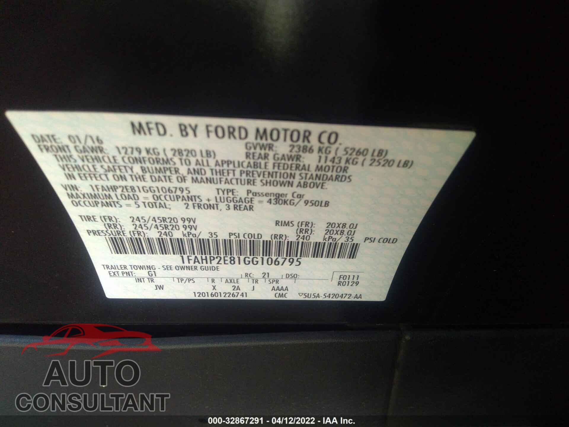 FORD TAURUS 2016 - 1FAHP2E81GG106795