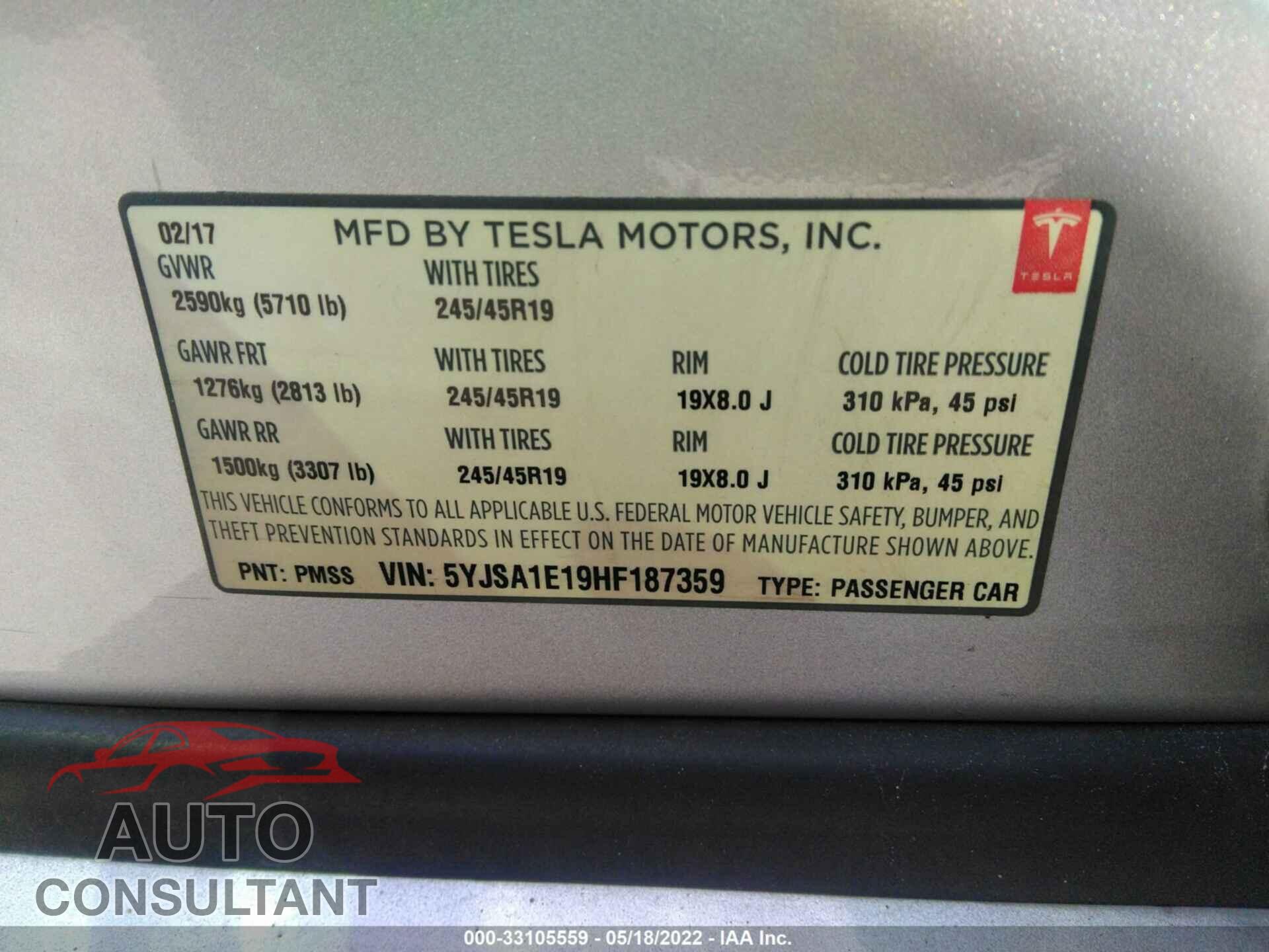 TESLA MODEL S 2017 - 5YJSA1E19HF187359