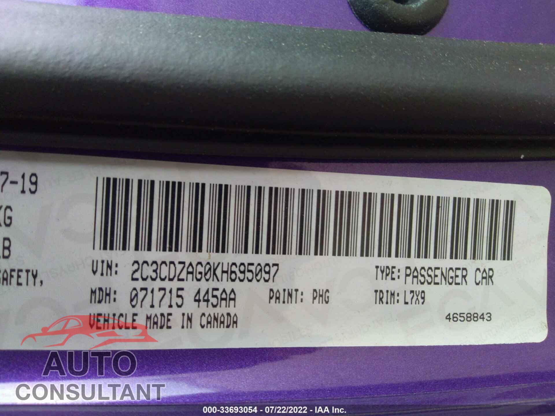DODGE CHALLENGER 2019 - 2C3CDZAG0KH695097