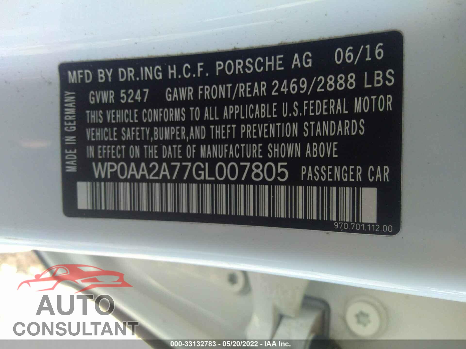 PORSCHE PANAMERA 2016 - WP0AA2A77GL007805