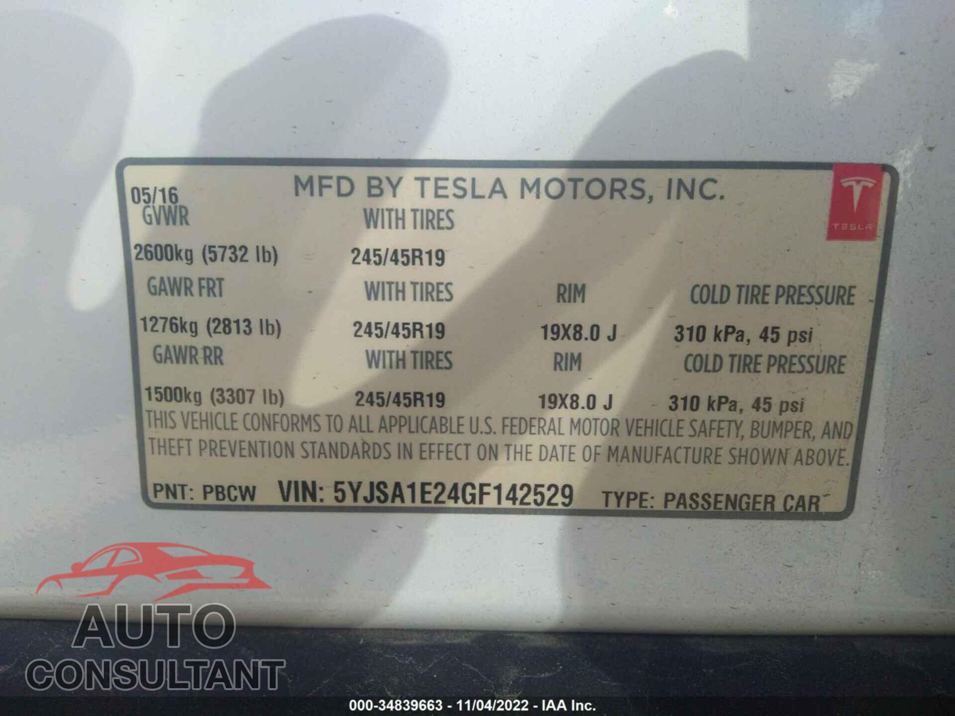 TESLA MODEL S 2016 - 5YJSA1E24GF142529