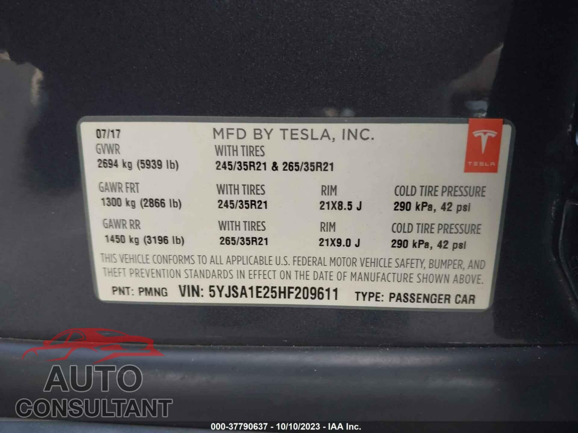 TESLA MODEL S 2017 - 5YJSA1E25HF209611