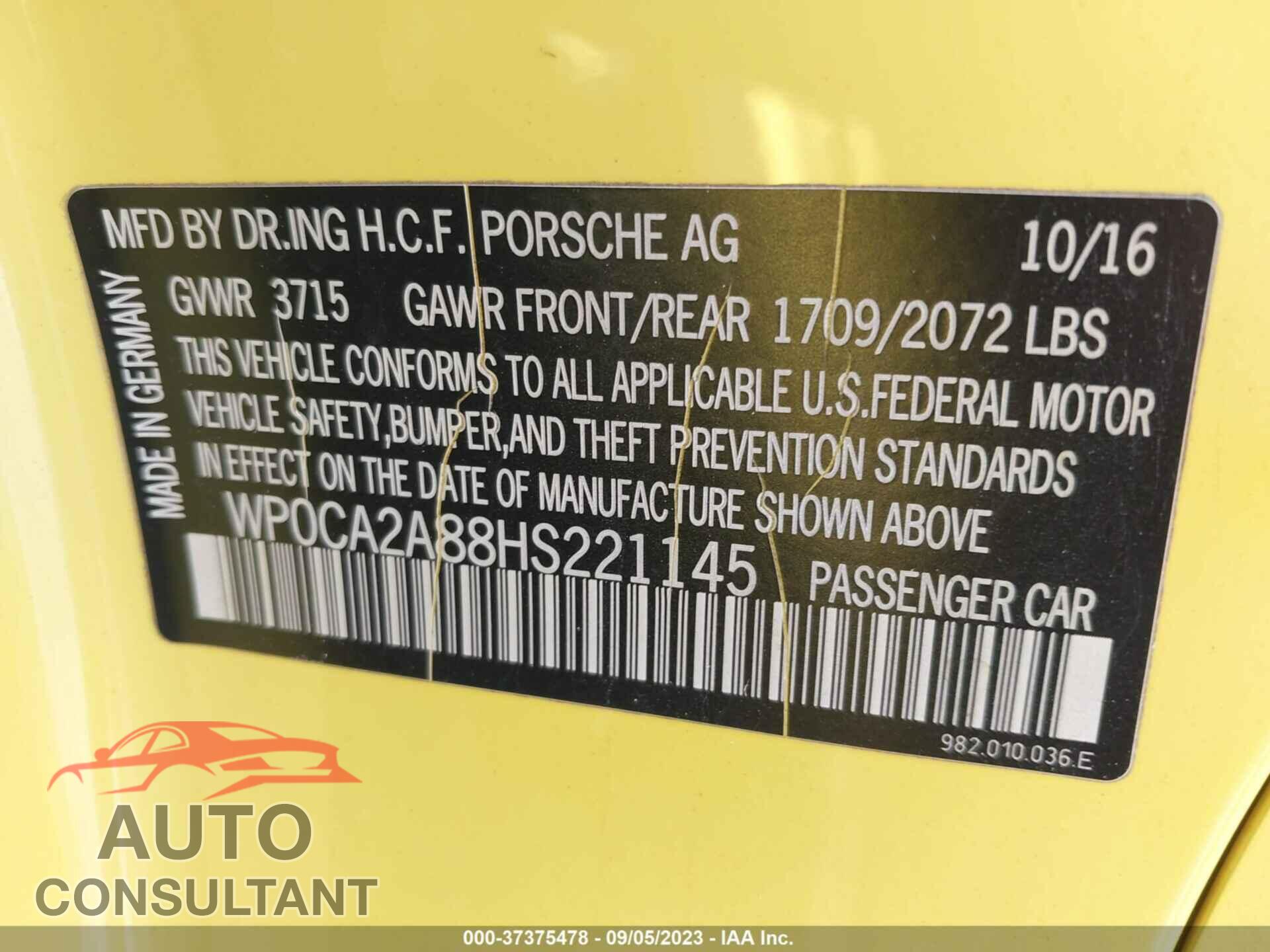 PORSCHE 718 BOXSTER 2017 - WP0CA2A88HS221145