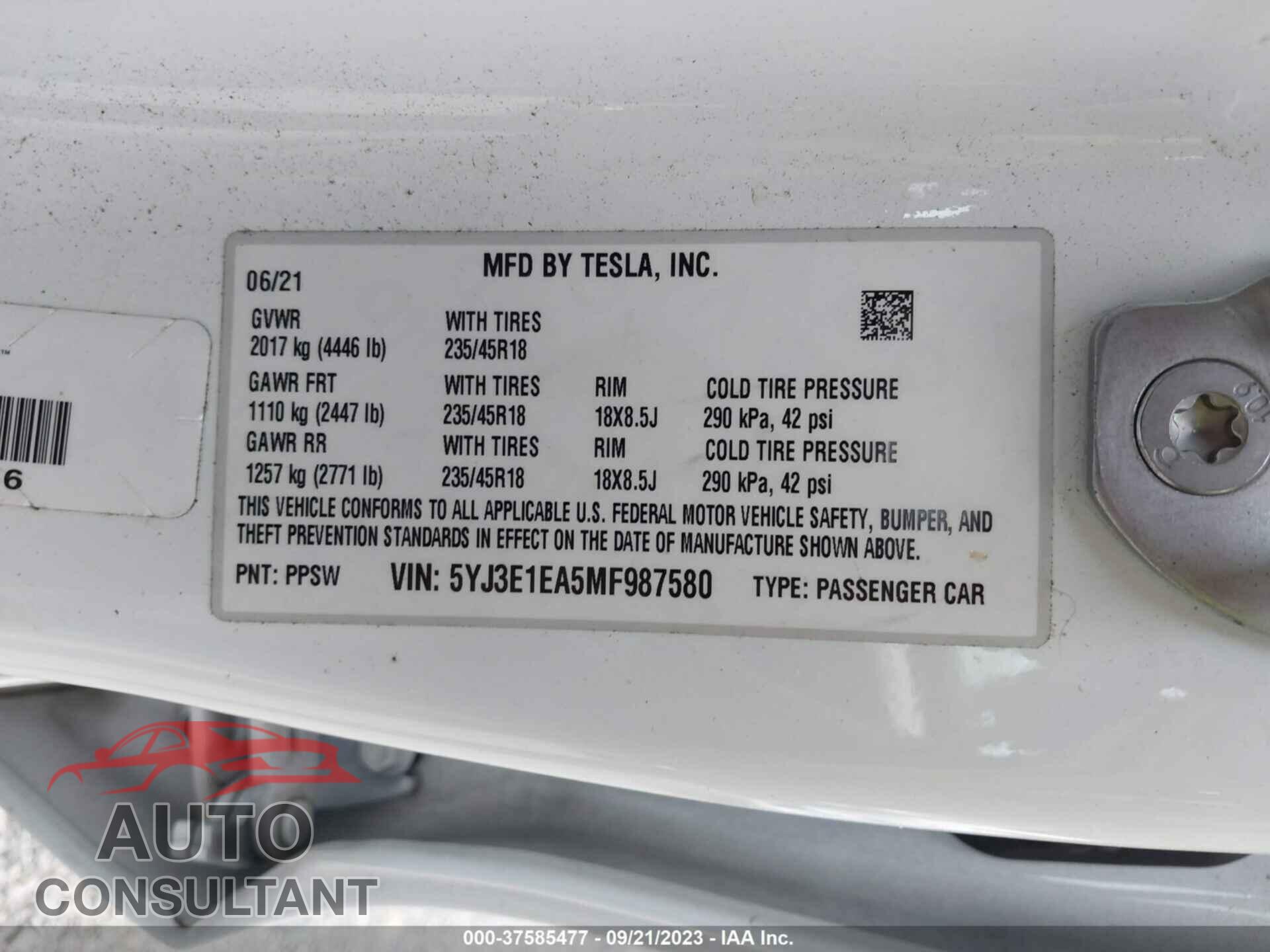 TESLA MODEL 3 2021 - 5YJ3E1EA5MF987580