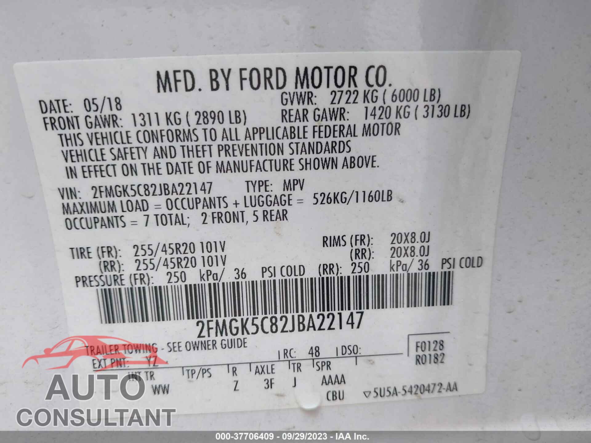 FORD FLEX 2018 - 2FMGK5C82JBA22147