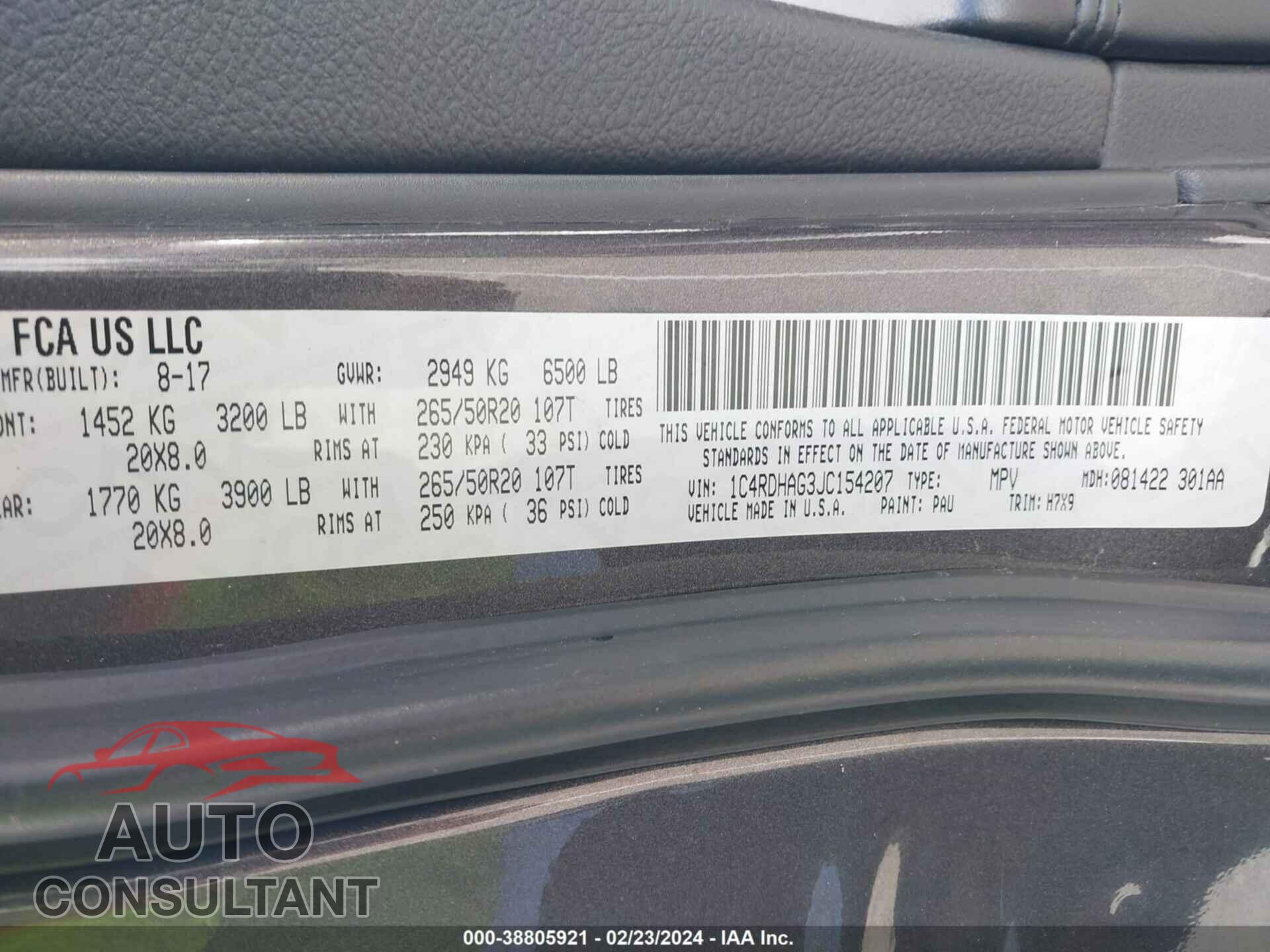 DODGE DURANGO 2018 - 1C4RDHAG3JC154207