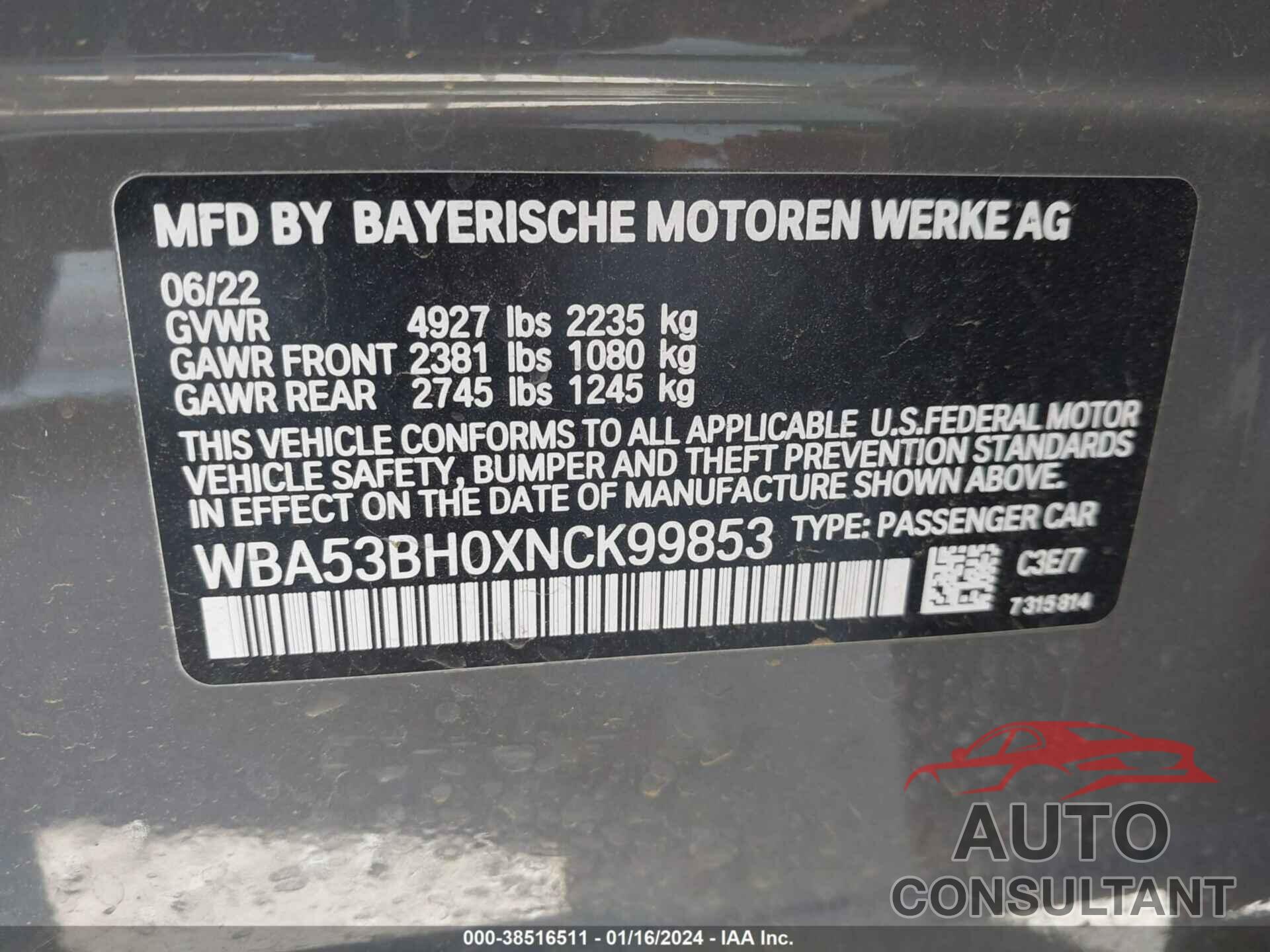 BMW 530I 2022 - WBA53BH0XNCK99853