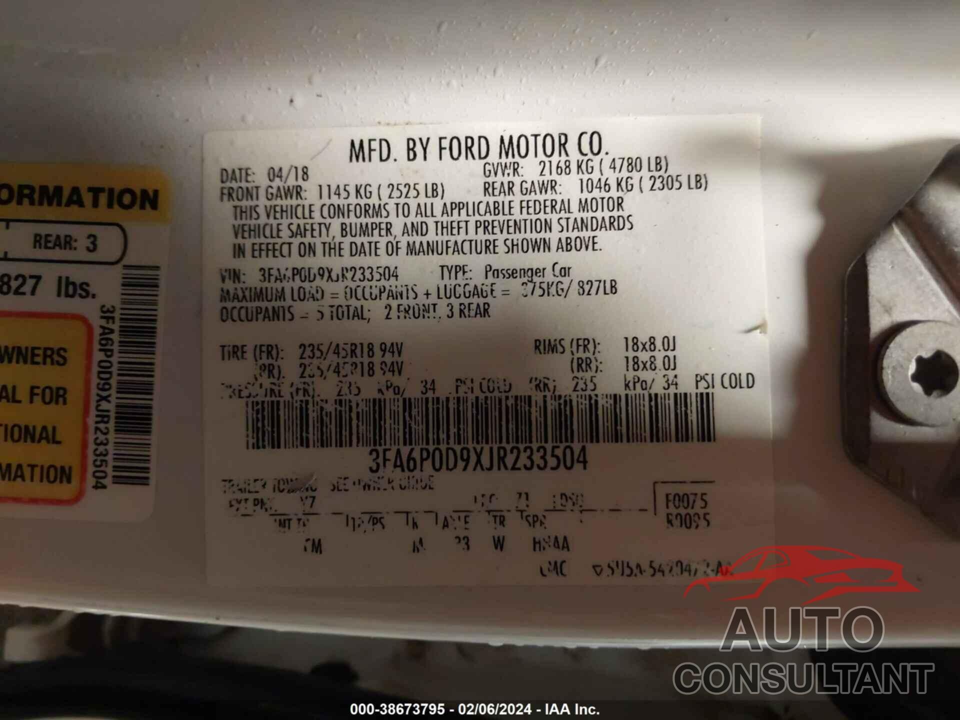 FORD FUSION 2018 - 3FA6P0D9XJR233504