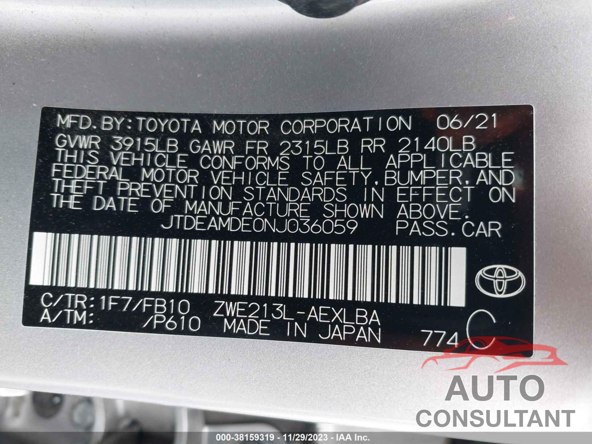 TOYOTA COROLLA 2022 - JTDEAMDE0NJ036059