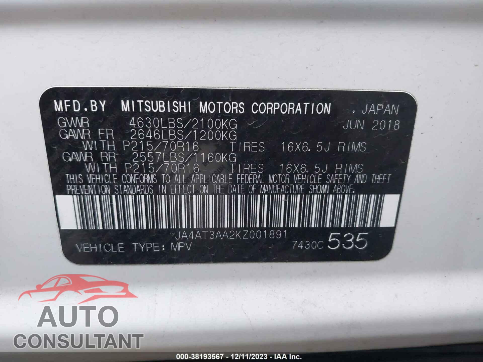 MITSUBISHI ECLIPSE CROSS 2019 - JA4AT3AA2KZ001891